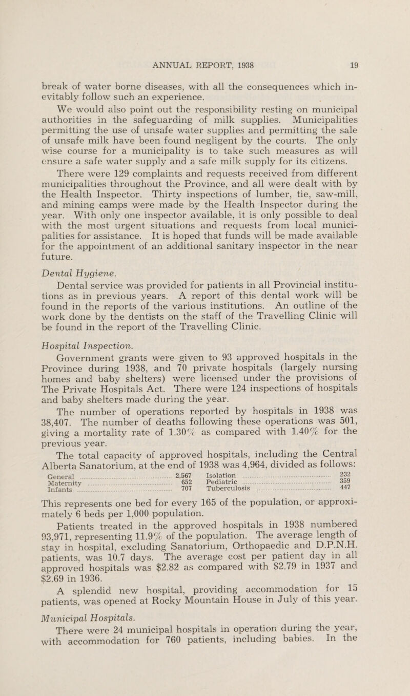 break of water borne diseases, with all the consequences which in¬ evitably follow such an experience. We would also point out the responsibility resting on municipal authorities in the safeguarding of milk supplies. Municipalities permitting the use of unsafe water supplies and permitting the sale of unsafe milk have been found negligent by the courts. The only wise course for a municipality is to take such measures as will ensure a safe water supply and a safe milk supply for its citizens. There were 129 complaints and requests received from different municipalities throughout the Province, and all were dealt with by the Health Inspector. Thirty inspections of lumber, tie, saw-mill, and mining camps were made by the Health Inspector during the year. With only one inspector available, it is only possible to deal with the most urgent situations and requests from local munici¬ palities for assistance. It is hoped that funds will be made available for the appointment of an additional sanitary inspector in the near future. Dental Hygiene. Dental service was provided for patients in all Provincial institu¬ tions as in previous years. A report of this dental work will be found in the reports of the various institutions. An outline of the work done by the dentists on the staff of the Travelling Clinic will be found in the report of the Travelling Clinic. Hospital Inspection. Government grants were given to 93 approved hospitals in the Province during 1938, and 70 private hospitals (largely nursing homes and baby shelters) were licensed under the provisions of The Private Hospitals Act. There were 124 inspections of hospitals and baby shelters made during the year. The number of operations reported by hospitals in 1938 was 38,407. The number of deaths following these operations was 501, giving a mortality rate of 1.30% as compared with 1.40% for the previous year. The total capacity of approved hospitals, including the Central Alberta Sanatorium, at the end of 1938 was 4,964, divided as follows: General . 2,567 Isolation . 232 Maternity . 652 Pediatric . 359 Infants . 707 Tuberculosis . 447 This represents one bed for every 165 of the population, or approxi¬ mately 6 beds per 1,000 population. Patients treated in the approved hospitals in 1938 numbered 93,971, representing 11.9% of the population. The average length of stay in hospital, excluding Sanatorium, Orthopaedic and D.P.N.H. patients, was 10.7 days. The average cost per patient day in all approved hospitals was $2.82 as compared with $2.79 in 1937 and $2.69 in 1936. A splendid new hospital, providing accommodation for 15 patients, was opened at Rocky Mountain House in July of this year. Municipal Hospitals. There were 24 municipal hospitals in operation during the year, with accommodation for 760 patients, including babies. In the