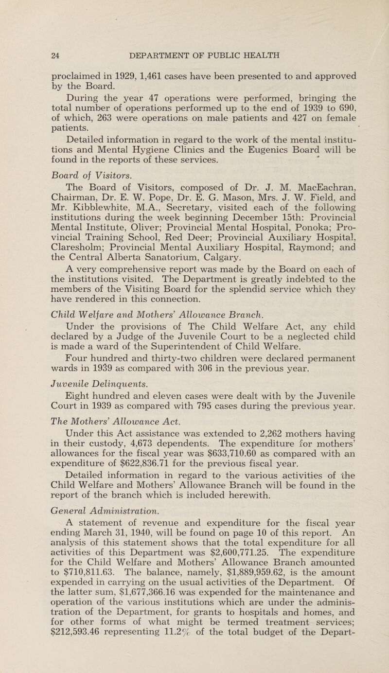 proclaimed in 1929, 1,461 cases have been presented to and approved by the Board. During the year 47 operations were performed, bringing the total number of operations performed up to the end of 1939 to 690, of which, 263 were operations on male patients and 427 on female patients. Detailed information in regard to the work of the mental institu¬ tions and Mental Hygiene Clinics and the Eugenics Board will be found in the reports of these services. Board of Visitors. The Board of Visitors, composed of Dr. J. M. MacEachran, Chairman, Dr. E. W. Pope, Dr. E. G. Mason, Mrs. J. W. Field, and Mr. Kibble white, M.A., Secretary, visited each of the following institutions during the week beginning December 15th: Provincial Mental Institute, Oliver; Provincial Mental Hospital, Ponoka; Pro¬ vincial Training School, Red Deer; Provincial Auxiliary Hospital, Claresholm; Provincial Mental Auxiliary Hospital, Raymond; and the Central Alberta Sanatorium, Calgary. A very comprehensive report was made by the Board on each of the institutions visited. The Department is greatly indebted to the members of the Visiting Board for the splendid service which they have rendered in this connection. Child Welfare and Mothers’ Allowance Branch. Under the provisions of The Child Welfare Act, any child declared by a Judge of the Juvenile Court to be a neglected child is made a ward of the Superintendent of Child Welfare. Four hundred and thirty-two children were declared permanent wards in 1939 as compared with 306 in the previous year. Juvenile Delinquents. Eight hundred and eleven cases were dealt with by the Juvenile Court in 1939 as compared with 795 cases during the previous year. The Mothers’ Allowance Act. Under this Act assistance was extended to 2,262 mothers having in their custody, 4,673 dependents. The expenditure for mothers’ allowances for the fiscal year was $633,710.60 as compared with an expenditure of $622,836.71 for the previous fiscal year. Detailed information in regard to the various activities of the Child Welfare and Mothers’ Allowance Branch will be found in the report of the branch which is included herewith. General Administration. A statement of revenue and expenditure for the fiscal year ending March 31, 1940, will be found on page 10 of this report. An analysis of this statement shows that the total expenditure for all activities of this Department was $2,600,771.25. The expenditure for the Child Welfare and Mothers’ Allowance Branch amounted to $710,811.63. The balance, namely, $1,889,959.62, is the amount expended in carrying on the usual activities of the Department. Of the latter sum, $1,677,366.16 was expended for the maintenance and operation of the various institutions which are under the adminis¬ tration of the Department, for grants to hospitals and homes, and for other forms of what might be termed treatment services; $212,593.46 representing 11.2% of the total budget of the Depart-
