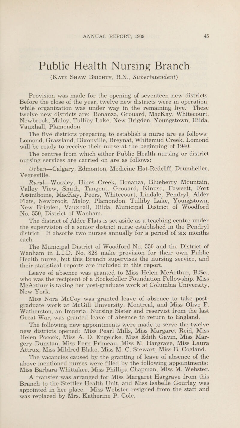 Public Health Nursing Branch (Kate Shaw Brighty, R.N., Superintendent) Provision was made for the opening of seventeen new districts. Before the close of the year, twelve new districts were in operation, while organization was under way in the remaining five. These twelve new districts are: Bonanza, Grouard, MacKay, Whitecourt, Newbrook, Maloy, Tulliby Lake, New Brigden, Youngstown, Hilda, Vauxhall, Plamondon. The five districts preparing to establish a nurse are as follows: Lomond, Grassland, Dixonville, Breynat, Whitemud Creek. Lomond will be ready to receive their nurse at the beginning of 1940. The centres from which either Public Health nursing or district nursing services are carried on are as follows: Urban—Calgary, Edmonton, Medicine Hat-Redcliff, Drumheller, Vegreville. Rural—Worsley, Hines Creek, Bonanza, Blueberry Mountain, Valley View, Smith, Tangent, Grouard, Kinuso, Fawcett, Fort Assiniboine, MacKay, Peers, Whitecourt, Lindale, Pendryl, Alder Flats, Newbrook, Maloy, Plamondon, Tulliby Lake, Youngstown, New Brigden, Vauxhall, Hilda, Municipal District of Woodford No. 550, District of Wanham. The district of Alder Flats is set aside as a teaching centre under the supervision of a senior district nurse established in the Pendryl district. It absorbs two nurses annually for a period of six months each. The Municipal District of Woodford No. 550 and the District of Wanham in L.I.D. No. 828 make provision for their own Public Health nurse, but this Branch supervises the nursing service, and their statistical reports are included in this report. Leave of absence was granted to Miss Helen McArthur, B.Sc., who was the recipient of a Rockefeller Foundation Fellowship. Miss McArthur is taking her post-graduate work at Columbia University, New York. Miss Nora McCoy was granted leave of absence to take post¬ graduate work at McGill University, Montreal, and Miss Olive F. Watherston, an Imperial Nursing Sister and reservist from the last Great War, was granted leave of absence to return to England. The following new appointments were made to serve the twelve new districts opened: Miss Pearl Mills, Miss Margaret Reid, Miss Helen Pocock, Miss A. D. Engelcke, Miss Edith Gavin, Miss Mar¬ gery Dunstan, Miss Fern Primeau, Miss M. Hargrave, Miss Laura Attrux, Miss Mildred Blake, Miss M. C. Stewart, Miss B. Cogland. The vacancies caused by the granting of leave of absence of the above mentioned nurses were filled by the following appointments: Miss Barbara Whittaker, Miss Phillipa Chapman, Miss M. Webster. A transfer was arranged for Miss Margaret Hargrave from this Branch to the Stettler Health Unit, and Miss Isabelle Gourlay was appointed in her place. Miss Webster resigned from the staff and was replaced by Mrs. Katherine P. Cole.