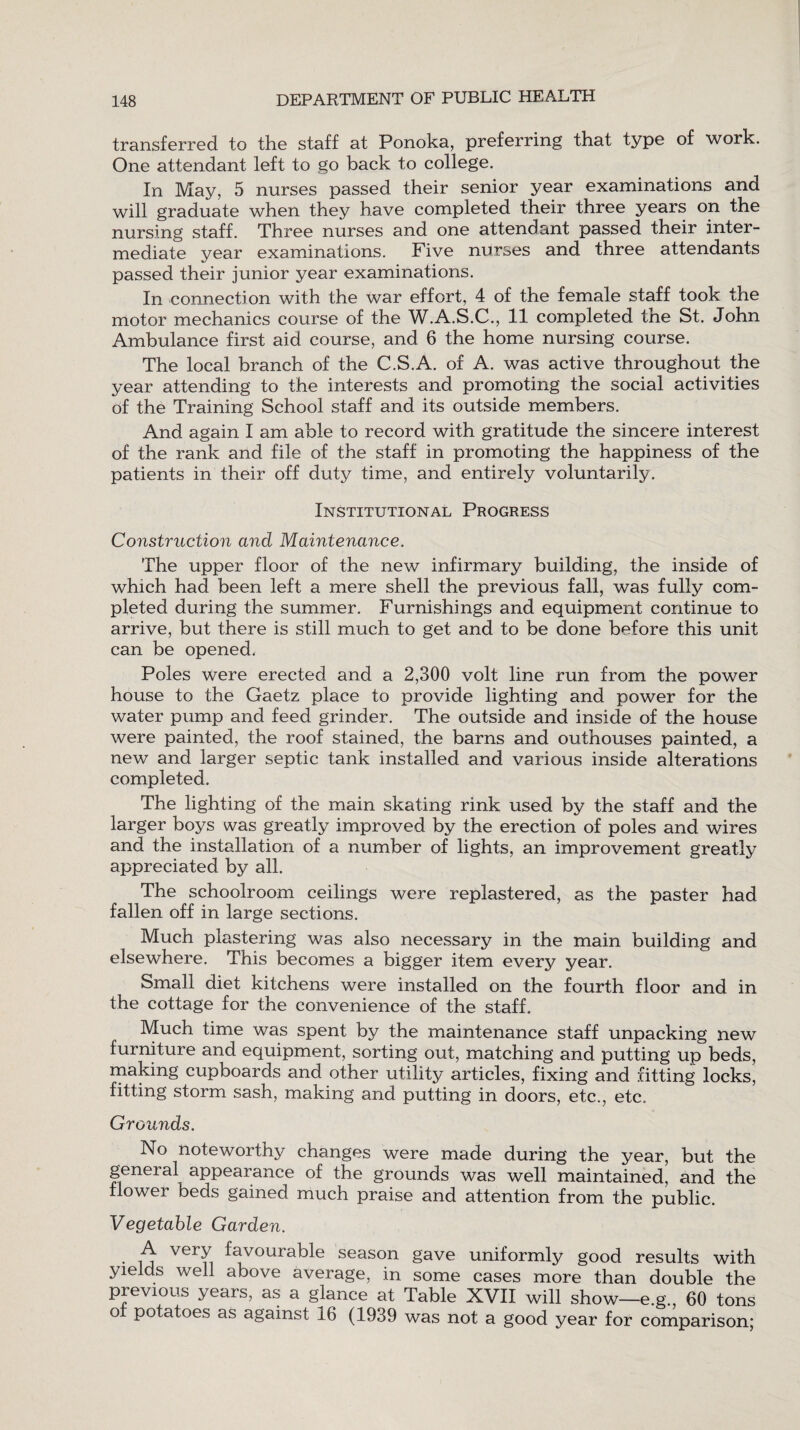 transferred to the staff at Ponoka, preferring that type of work. One attendant left to go back to college. In May, 5 nurses passed their senior year examinations and will graduate when they have completed their three years on the nursing staff. Three nurses and one attendant passed their inter¬ mediate year examinations. Five nurses and three attendants passed their junior year examinations. In connection with the war effort, 4 of the female staff took the motor mechanics course of the W.A.S.C., 11 completed the St. John Ambulance first aid course, and 6 the home nursing course. The local branch of the C.S.A. of A. was active throughout the year attending to the interests and promoting the social activities of the Training School staff and its outside members. And again I am able to record with gratitude the sincere interest of the rank and file of the staff in promoting the happiness of the patients in their off duty time, and entirely voluntarily. Institutional Progress Construction and Maintenance. The upper floor of the new infirmary building, the inside of which had been left a mere shell the previous fall, was fully com¬ pleted during the summer. Furnishings and equipment continue to arrive, but there is still much to get and to be done before this unit can be opened. Poles were erected and a 2,300 volt line run from the power house to the Gaetz place to provide lighting and power for the water pump and feed grinder. The outside and inside of the house were painted, the roof stained, the barns and outhouses painted, a new and larger septic tank installed and various inside alterations completed. The lighting of the main skating rink used by the staff and the larger boys was greatly improved by the erection of poles and wires and the installation of a number of lights, an improvement greatly appreciated by all. The schoolroom ceilings were replastered, as the paster had fallen off in large sections. Much plastering was also necessary in the main building and elsewhere. This becomes a bigger item every year. Small diet kitchens were installed on the fourth floor and in the cottage for the convenience of the staff. Much time was spent by the maintenance staff unpacking new furniture and equipment, sorting out, matching and putting up beds, making cupboards and other utility articles, fixing and fitting locks, fitting storm sash, making and putting in doors, etc., etc. Grounds. No noteworthy changes were made during the year, but the general appearance of the grounds was well maintained, and the flower beds gained much praise and attention from the public. Vegetable Garden. • m Ver n ^vourakle season gave uniformly good results with yields well above average, in some cases more than double the previous years, as a glance at Table XVII will show—e.g., 60 tons of potatoes as against 16 (1939 was not a good year for comparison;