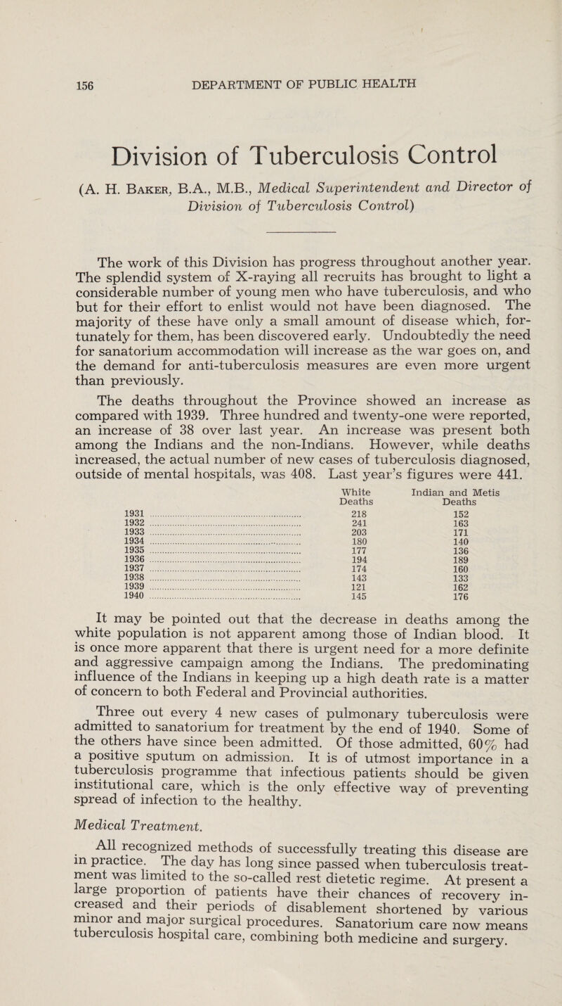 Division of Tuberculosis Control (A. H. Baker, B.A., M.B., Medical Superintendent and Director of Division of Tuberculosis Control) The work of this Division has progress throughout another year. The splendid system of X-raying all recruits has brought to light a considerable number of young men who have tuberculosis, and who but for their effort to enlist would not have been diagnosed. The majority of these have only a small amount of disease which, for¬ tunately for them, has been discovered early. Undoubtedly the need for sanatorium accommodation will increase as the war goes on, and the demand for anti-tuberculosis measures are even more urgent than previously. The deaths throughout the Province showed an increase as compared with 1939. Three hundred and twenty-one were reported, an increase of 38 over last year. An increase was present both among the Indians and the non-Indians. However, while deaths increased, the actual number of new cases of tuberculosis diagnosed, outside of mental hospitals, was 408. Last year’s figures were 441. White Indian and Metis Deaths Deaths 1931 . 218 152 1932 . 241 163 1933 . 203 171 1934 . 180 140 1935 . 177 136 1936 . 194 189 1937 . 174 160 1938 . 143 133 1939 . 121 162 1940 . 145 176 It may be pointed out that the decrease in deaths among the white population is not apparent among those of Indian blood. It is once more apparent that there is urgent need for a more definite and aggressive campaign among the Indians. The predominating influence of the Indians in keeping up a high death rate is a matter of concern to both Federal and Provincial authorities. Three out every 4 new cases of pulmonary tuberculosis were admitted to sanatorium for treatment by the end of 1940. Some of the others have since been admitted. Of those admitted, 60% had a positive sputum on admission. It is of utmost importance in a tuberculosis programme that infectious patients should be given institutional care, wnich is the only effective way of preventing spread of infection to the healthy. Medical Treatment. All recognized methods of successfully treating this disease are in practice. The day has long since passed when tuberculosis treat¬ ment was limited to the so-called rest dietetic regime. At present a large proportion of patients have their chances of recovery in¬ creased and their periods of disablement shortened by various minor and major surgical procedures. Sanatorium care now means tuberculosis hospital care, combining both medicine and surgery.