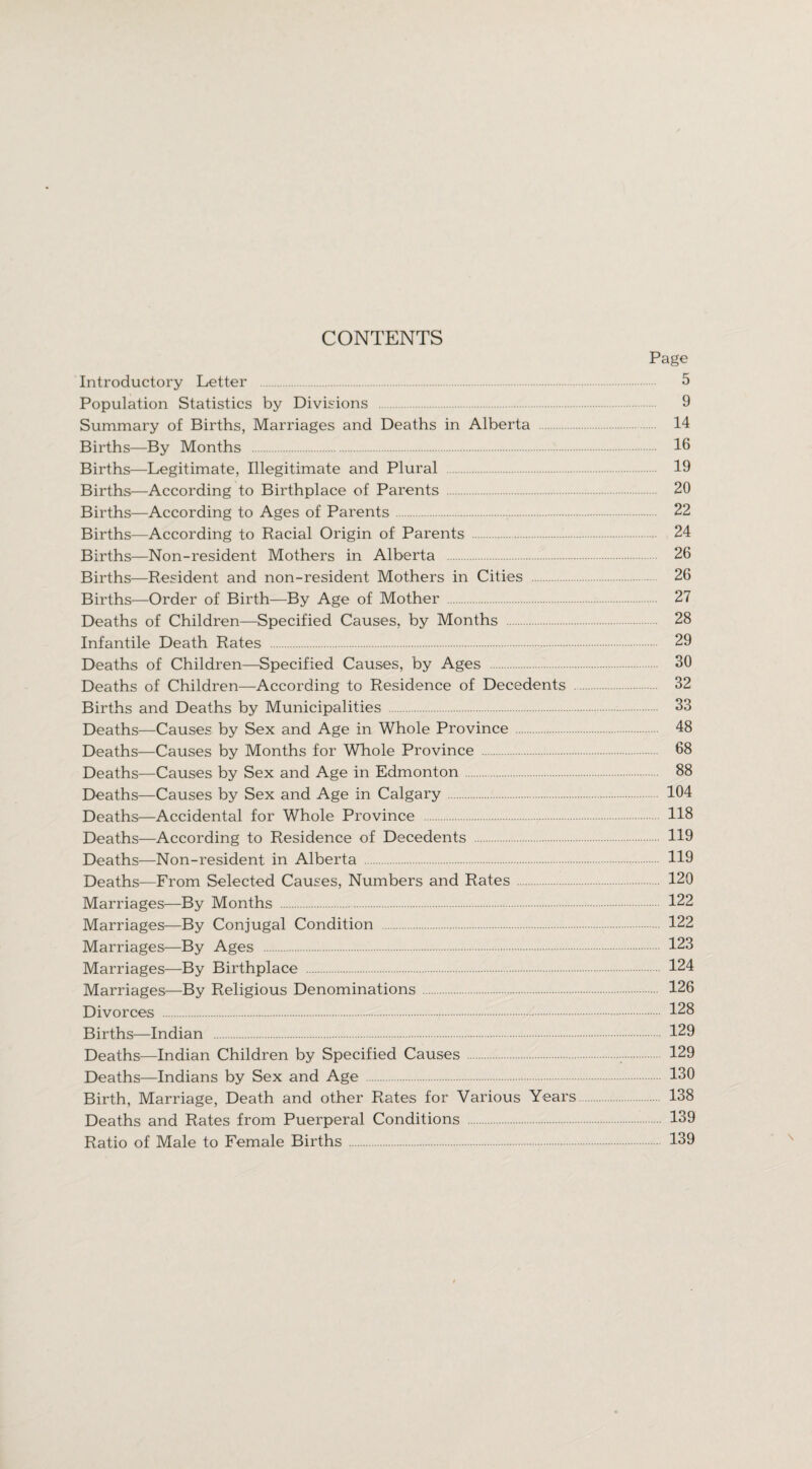 CONTENTS Page Introductory Letter . 5 Population Statistics by Divisions . 9 Summary of Births, Marriages and Deaths in Alberta 14 Births—By Months . 16 Births—Legitimate, Illegitimate and Plural 19 Births—According to Birthplace of Parents 20 Births—According to Ages of Parents. 22 Births—According to Racial Origin of Parents . 24 Births—Non-resident Mothers in Alberta . 26 Births—Resident and non-resident Mothers in Cities . 26 Births—Order of Birth—By Age of Mother . 27 Deaths of Children—Specified Causes, by Months . 28 Infantile Death Rates . 29 Deaths of Children—Specified Causes, by Ages . 30 Deaths of Children—According to Residence of Decedents 32 Births and Deaths by Municipalities . 33 Deaths—Causes by Sex and Age in Whole Province . 48 Deaths—Causes by Months for Whole Province . 68 Deaths—Causes by Sex and Age in Edmonton. 88 Deaths—Causes by Sex and Age in Calgary 104 Deaths—Accidental for Whole Province . 118 Deaths—According to Residence of Decedents . 119 Deaths—Non-resident in Alberta 119 Deaths—From Selected Causes, Numbers and Rates 120 Marriages—By Months . 122 Marriages—By Conjugal Condition . 122 Marriages—By Ages . 123 Marriages—By Birthplace . 124 Marriages—By Religious Denominations . 126 Divorces . 128 Births—Indian . 129 Deaths—Indian Children by Specified Causes. 129 Deaths—Indians by Sex and Age . 130 Birth, Marriage, Death and other Rates for Various Years 138 Deaths and Rates from Puerperal Conditions 139 Ratio of Male to Female Births . 139