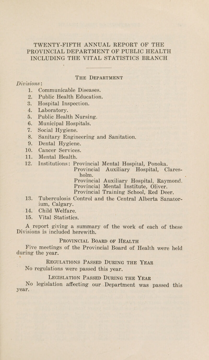 TWENTY-FIFTH ANNUAL REPORT OF THE PROVINCIAL DEPARTMENT OF PUBLIC HEALTH INCLUDING THE VITAL STATISTICS BRANCH The Department Divisions: 1. Communicable Diseases. 2. Public Health Education. 3. Hospital Inspection. 4. Laboratory. 5. Public Health Nursing. 6. Municipal Hospitals. 7. Social Hygiene. 8. Sanitary Engineering and Sanitation. 9. Dental Hygiene. 10. Cancer Services. 11. Mental Health. 12. Institutions: Provincial Mental Hospital, Ponoka. Provincial Auxiliary Hospital, Clares- holm. Provincial Auxiliary Hospital, Raymond. Provincial Mental Institute, Oliver. Provincial Training School, Red Deer. 13. Tuberculosis Control and the Central Alberta Sanator¬ ium, Calgary. 14. Child Welfare. 15. Vital Statistics. A report giving a summary of the work of each of these Divisions is included herewith. Provincial Board of Health Five meetings of the Provincial Board of Health were held during the year. % Regulations Passed During the Year No regulations were passed this year. Legislation Passed During the Year No legislation affecting our Department was passed this year.