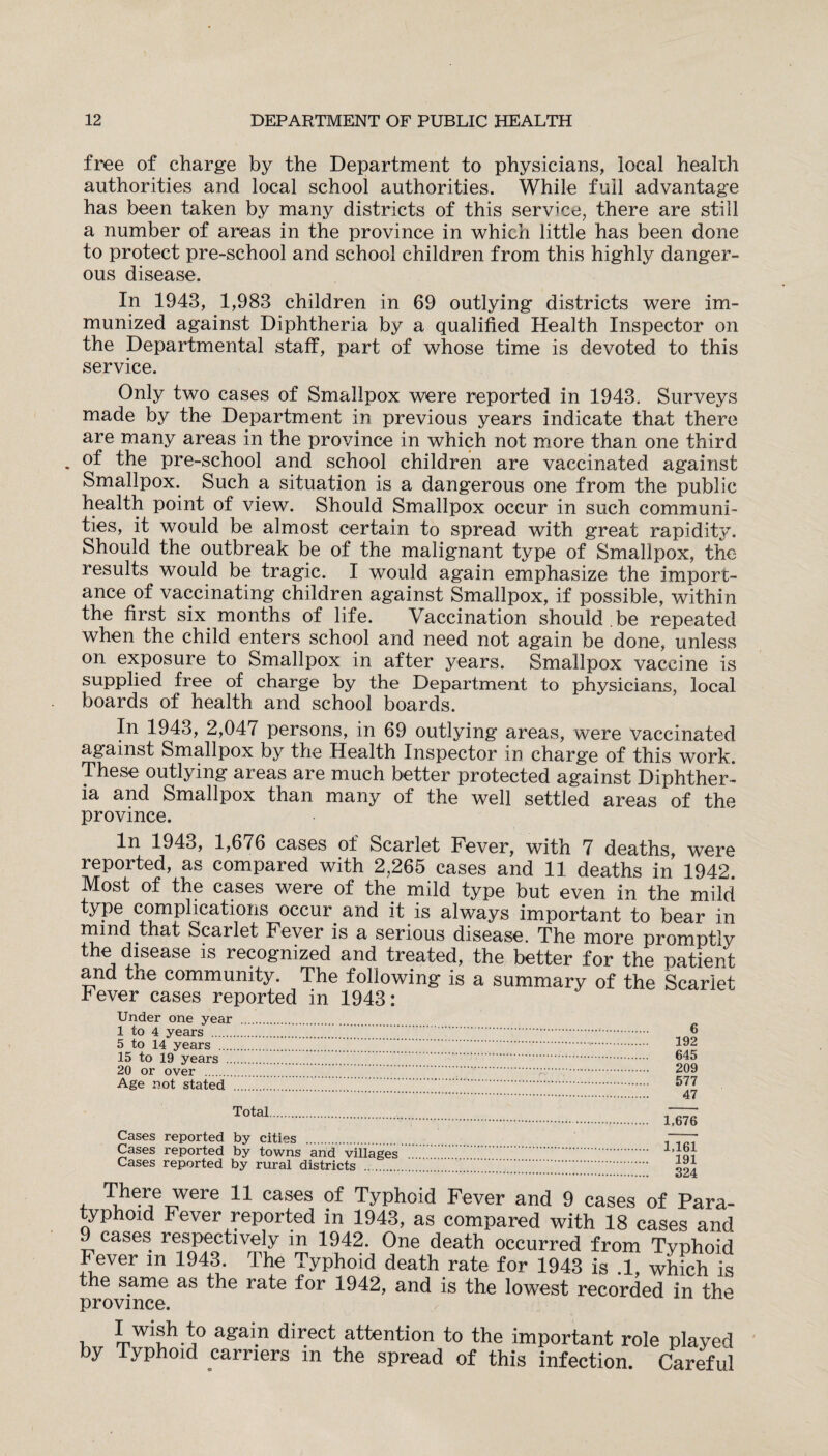 free of charge by the Department to physicians, local health authorities and local school authorities. While full advantage has been taken by many districts of this service, there are still a number of areas in the province in which little has been done to protect pre-school and school children from this highly danger¬ ous disease. In 1943, 1,983 children in 69 outlying districts were im¬ munized against Diphtheria by a qualified Health Inspector on the Departmental staff, part of whose time is devoted to this service. Only two cases of Smallpox were reported in 1943. Surveys made by the Department in previous years indicate that there are many areas in the province in which not more than one third . the pre-school and school children are vaccinated against Smallpox. Such a situation is a dangerous one from the public health point of view. Should Smallpox occur in such communi¬ ties, it would be almost certain to spread with great rapidit}. Should the outbreak be of the malignant type of Smallpox, the results would be tragic. I would again emphasize the import¬ ance of vaccinating children against Smallpox, if possible, within the first six. months of life. Vaccination should .be repeated when the child enters school and need not again be done, unless on exposure to Smallpox in after years. Smallpox vaccine is supplied free of charge by the Department to physicians, local boards of health and school boards. In 1943, 2,047 persons, in 69 outlying areas, were vaccinated against Smallpox by the Health Inspector in charge of this work. These outlying areas are much better protected against Diphther¬ ia and Smallpox than many of the well settled areas of the province. In 1943, 1,676 cases of Scarlet Fever, with 7 deaths, were reported, as compared with 2,265 cases and 11 deaths in 1942 Most of the cases were of the mild type but even in the mild . , , ^ __ # t is always important to bear in mind .that Scarlet l ever is a serious disease. The more promptly the disease is recognized and treated, the better for the patient and tne community. The following is a summary of the Scarlet Fever cases reported in 1943: Under one year . 1 to 4 years .....*. 6 5 to 14 years ..-. i^2 15 to 19 years ...... 645 20 or over .’ .... 209 Age not stated 577 . 47 T°tal..—. 1,676 Cases reported by cities “ Cases reported by towns and villages ’777W'. Cases reported by rural districts .. 324 There were 11 cases of Typhoid Fever and 9 cases of Para¬ typhoid Fever reported in 1943, as compared with 18 cases and .) cases respectively in 1942. One death occurred from Typhoid Fever in 1943. The Typhoid death rate for 1943 is .1, which is the same as the rate for 1942, and is the lowest recorded in the province. I wish to again direct attention to the important role played by Typhoid carriers m the spread of this infection. Careful
