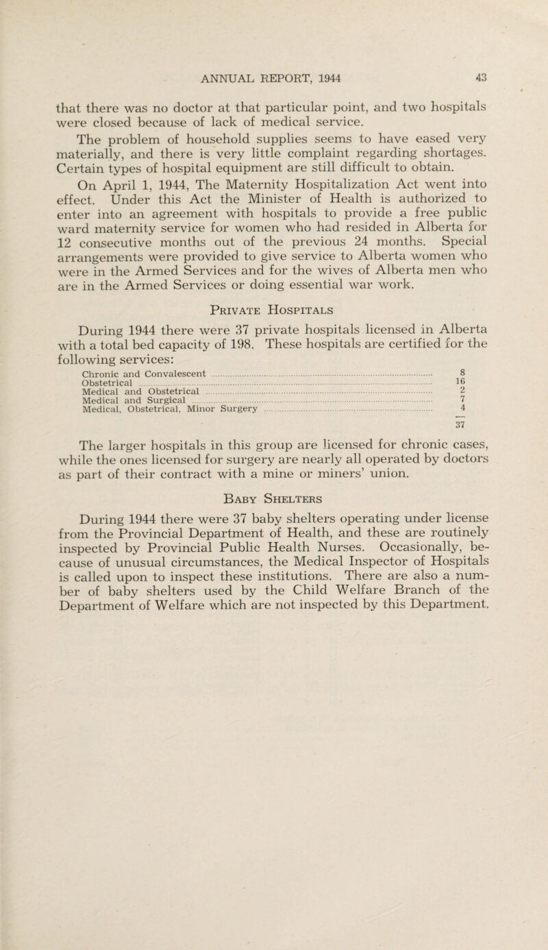 that there was no doctor at that particular point, and two hospitals were closed because of lack of medical service. The problem of household supplies seems to have eased very materially, and there is very little complaint regarding shortages. Certain types of hospital equipment are still difficult to obtain. On April 1, 1944, The Maternity Hospitalization Act went into effect. Under this Act the Minister of Health is authorized to enter into an agreement with hospitals to provide a free public ward maternity service for women who had resided in Alberta for 12 consecutive months out of the previous 24 months. Special arrangements were provided to give service to Alberta women who were in the Armed Services and for the wives of Alberta men who are in the Armed Services or doing essential war work. Private Hospitals During 1944 there were 37 private hospitals licensed in Alberta with a total bed capacity of 198. These hospitals are certified for the following services: Chronic and Convalescent . 8 Obstetrical . 16 Medical and Obstetrical ... Medical and Surgical .■. 7 Medical, Obstetrical, Minor Surgery . 4 37 The larger hospitals in this group are licensed for chronic cases, while the ones licensed for surgery are nearly all operated by doctors as part of their contract with a mine or miners’ union. Baby Shelters During 1944 there were 37 baby shelters operating under license from the Provincial Department of Health, and these are routinely inspected by Provincial Public Health Nurses. Occasionally, be¬ cause of unusual circumstances, the Medical Inspector of Hospitals is called upon to inspect these institutions. There are also a num¬ ber of baby shelters used by the Child Welfare Branch of the Department of Welfare which are not inspected by this Department.