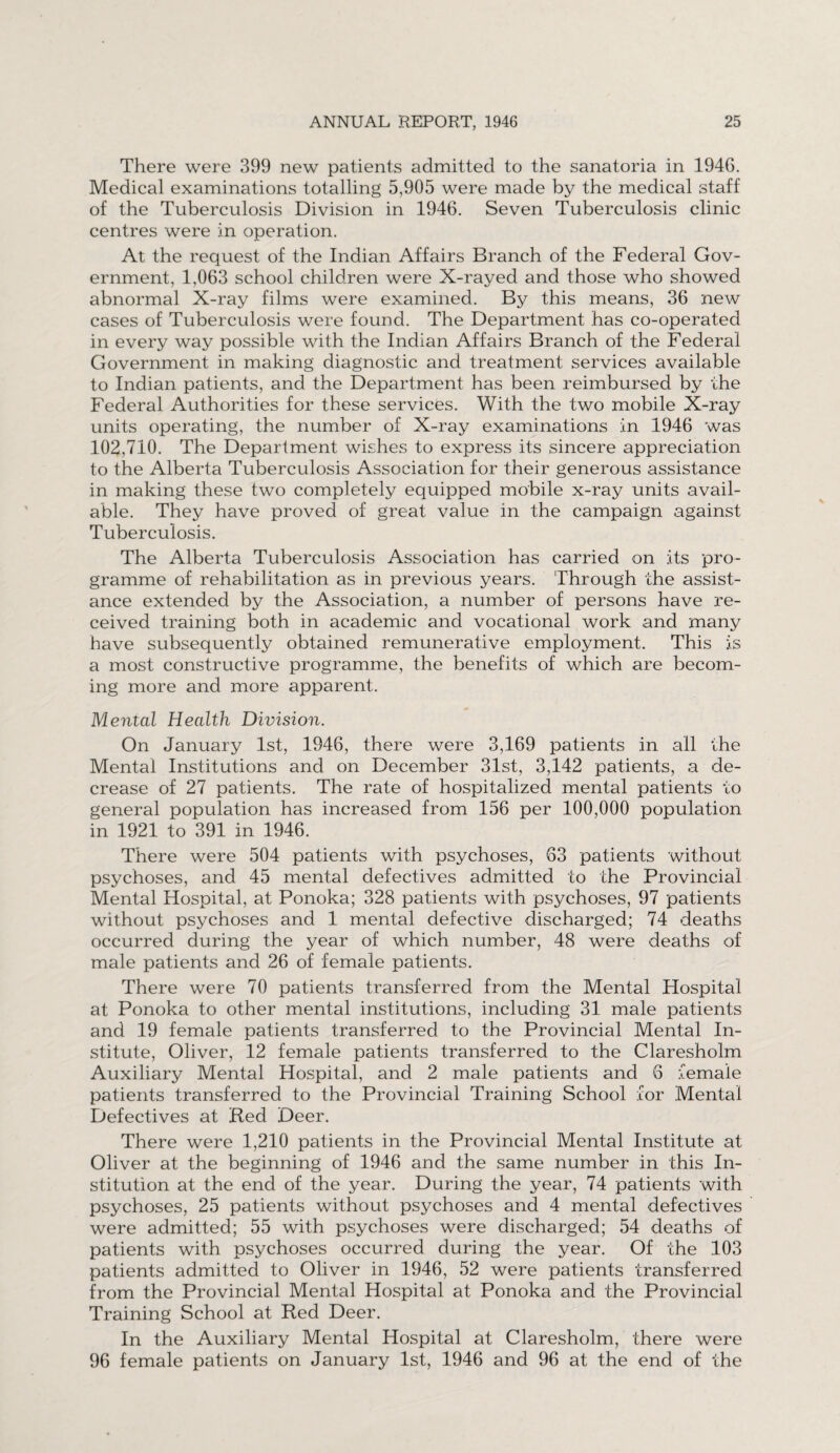 There were 399 new patients admitted to the sanatoria in 1946. Medical examinations totalling 5,905 were made by the medical staff of the Tuberculosis Division in 1946. Seven Tuberculosis clinic centres were in operation. At the request of the Indian Affairs Branch of the Federal Gov¬ ernment, 1,063 school children were X-rayed and those who showed abnormal X-ray films were examined. By this means, 36 new cases of Tuberculosis were found. The Department has co-operated in every way possible with the Indian Affairs Branch of the Federal Government in making diagnostic and treatment services available to Indian patients, and the Department has been reimbursed by the Federal Authorities for these services. With the two mobile X-ray units operating, the number of X-ray examinations in 1946 was 102,710. The Department wishes to express its sincere appreciation to the Alberta Tuberculosis Association for their generous assistance in making these two completely equipped mobile x-ray units avail¬ able. They have proved of great value in the campaign against Tuberculosis. The Alberta Tuberculosis Association has carried on its pro¬ gramme of rehabilitation as in previous years. Through the assist¬ ance extended by the Association, a number of persons have re¬ ceived training both in academic and vocational work and many have subsequently obtained remunerative employment. This is a most constructive programme, the benefits of which are becom¬ ing more and more apparent. Mental Health Division. On January 1st, 1946, there were 3,169 patients in all the Mental Institutions and on December 31st, 3,142 patients, a de¬ crease of 27 patients. The rate of hospitalized mental patients to general population has increased from 156 per 100,000 population in 1921 to 391 in 1946. There were 504 patients with psychoses, 63 patients without psychoses, and. 45 mental defectives admitted to the Provincial Mental Hospital, at Ponoka; 328 patients with psychoses, 97 patients without psychoses and 1 mental defective discharged; 74 deaths occurred during the year of which number, 48 were deaths of male patients and 26 of female patients. There were 70 patients transferred from the Mental Hospital at Ponoka to other mental institutions, including 31 male patients and 19 female patients transferred to the Provincial Mental In¬ stitute, Oliver, 12 female patients transferred to the Claresholm Auxiliary Mental Hospital, and 2 male patients and 6 female patients transferred to the Provincial Training School for Mental Defectives at Red Deer. There were 1,210 patients in the Provincial Mental Institute at Oliver at the beginning of 1946 and the same number in this In¬ stitution at the end of the year. During the year, 74 patients with psychoses, 25 patients without psychoses and 4 mental defectives were admitted; 55 with psychoses were discharged; 54 deaths of patients with psychoses occurred during the year. Of the 103 patients admitted to Oliver in 1946, 52 were patients transferred from the Provincial Mental Hospital at Ponoka and the Provincial Training School at Red Deer. In the Auxiliary Mental Hospital at Claresholm, there were 96 female patients on January 1st, 1946 and 96 at the end of the