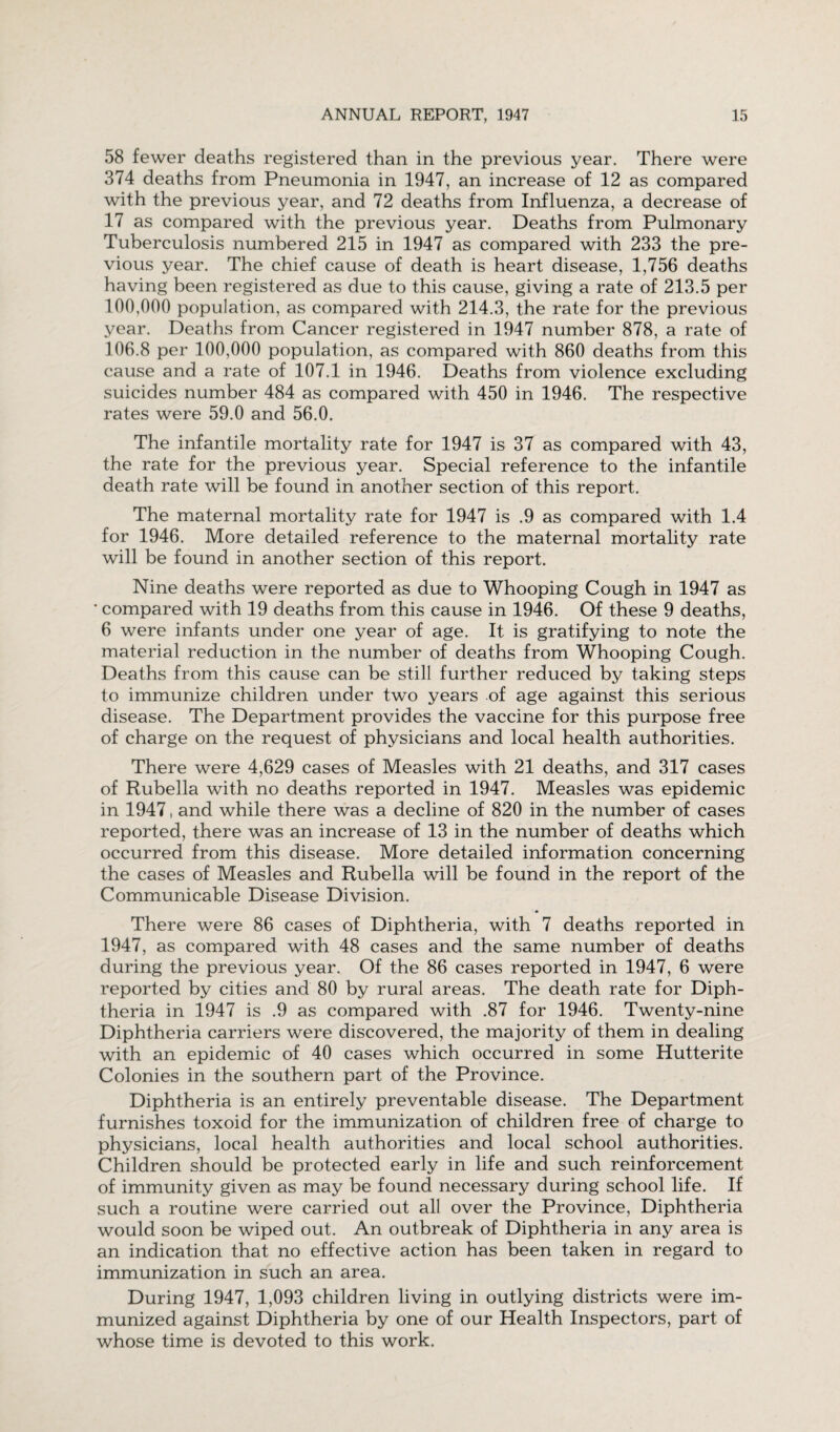 58 fewer deaths registered than in the previous year. There were 374 deaths from Pneumonia in 1947, an increase of 12 as compared with the previous year, and 72 deaths from Influenza, a decrease of 17 as compared with the previous year. Deaths from Pulmonary Tuberculosis numbered 215 in 1947 as compared with 233 the pre¬ vious year. The chief cause of death is heart disease, 1,756 deaths having been registered as due to this cause, giving a rate of 213.5 per 100,000 population, as compared with 214.3, the rate for the previous year. Deaths from Cancer registered in 1947 number 878, a rate of 106.8 per 100,000 population, as compared with 860 deaths from this cause and a rate of 107.1 in 1946. Deaths from violence excluding suicides number 484 as compared with 450 in 1946. The respective rates were 59.0 and 56.0. The infantile mortality rate for 1947 is 37 as compared with 43, the rate for the previous year. Special reference to the infantile death rate will be found in another section of this report. The maternal mortality rate for 1947 is .9 as compared with 1.4 for 1946. More detailed reference to the maternal mortality rate will be found in another section of this report. Nine deaths were reported as due to Whooping Cough in 1947 as * compared with 19 deaths from this cause in 1946. Of these 9 deaths, 6 were infants under one year of age. It is gratifying to note the material reduction in the number of deaths from Whooping Cough. Deaths from this cause can be still further reduced by taking steps to immunize children under two years of age against this serious disease. The Department provides the vaccine for this purpose free of charge on the request of physicians and local health authorities. There were 4,629 cases of Measles with 21 deaths, and 317 cases of Rubella with no deaths reported in 1947. Measles was epidemic in 1947, and while there was a decline of 820 in the number of cases reported, there was an increase of 13 in the number of deaths which occurred from this disease. More detailed information concerning the cases of Measles and Rubella will be found in the report of the Communicable Disease Division. There were 86 cases of Diphtheria, with 7 deaths reported in 1947, as compared with 48 cases and the same number of deaths during the previous year. Of the 86 cases reported in 1947, 6 were reported by cities and 80 by rural areas. The death rate for Diph¬ theria in 1947 is .9 as compared with .87 for 1946. Twenty-nine Diphtheria carriers were discovered, the majority of them in dealing with an epidemic of 40 cases which occurred in some Hutterite Colonies in the southern part of the Province. Diphtheria is an entirely preventable disease. The Department furnishes toxoid for the immunization of children free of charge to physicians, local health authorities and local school authorities. Children should be protected early in life and such reinforcement of immunity given as may be found necessary during school life. If such a routine were carried out all over the Province, Diphtheria would soon be wiped out. An outbreak of Diphtheria in any area is an indication that no effective action has been taken in regard to immunization in such an area. During 1947, 1,093 children living in outlying districts were im¬ munized against Diphtheria by one of our Health Inspectors, part of whose time is devoted to this work.