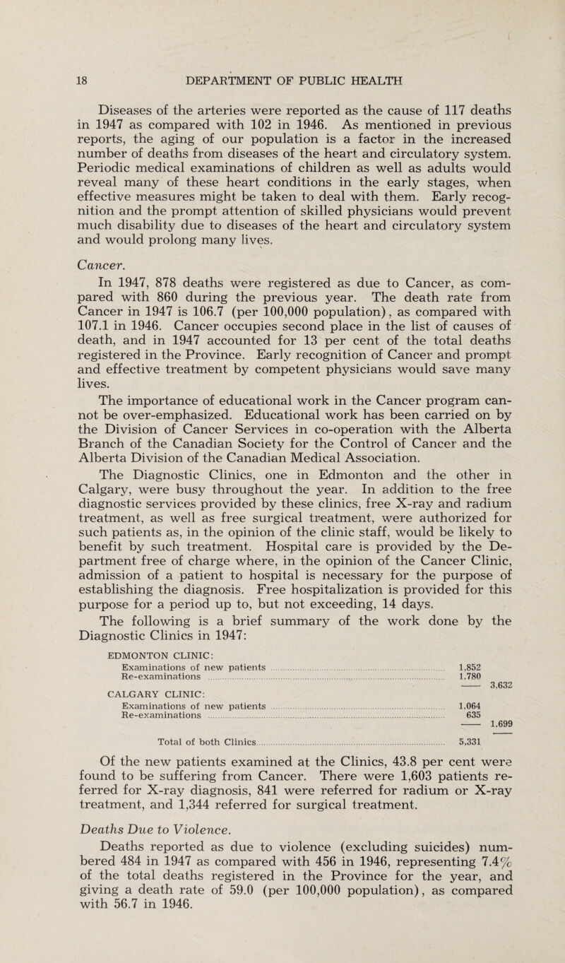 Diseases of the arteries were reported as the cause of 117 deaths in 1947 as compared with 102 in 1946. As mentioned in previous reports, the aging of our population is a factor in the increased number of deaths from diseases of the heart and circulatory system. Periodic medical examinations of children as well as adults would reveal many of these heart conditions in the early stages, when effective measures might be taken to deal with them. Early recog¬ nition and the prompt attention of skilled physicians would prevent much disability due to diseases of the heart and circulatory system and would prolong many lives. Cancer. In 1947, 878 deaths were registered as due to Cancer, as com¬ pared with 860 during the previous year. The death rate from Cancer in 1947 is 106.7 (per 100,000 population), as compared with 107.1 in 1946. Cancer occupies second place in the list of causes of death, and in 1947 accounted for 13 per cent of the total deaths registered in the Province. Early recognition of Cancer and prompt and effective treatment by competent physicians would save many lives. The importance of educational work in the Cancer program can¬ not be over-emphasized. Educational work has been carried on by the Division of Cancer Services in co-operation with the Alberta Branch of the Canadian Society for the Control of Cancer and the Alberta Division of the Canadian Medical Association. The Diagnostic Clinics, one in Edmonton and the other in Calgary, were busy throughout the year. In addition to the free diagnostic services provided by these clinics, free X-ray and radium treatment, as well as free surgical treatment, were authorized for such patients as, in the opinion of the clinic staff, would be likely to benefit by such treatment. Hospital care is provided by the De¬ partment free of charge where, in the opinion of the Cancer Clinic, admission of a patient to hospital is necessary for the purpose of establishing the diagnosis. Free hospitalization is provided for this purpose for a period up to, but not exceeding, 14 days. The following is a brief summary of the work done by the Diagnostic Clinics in 1947: EDMONTON CLINIC: Examinations of new patients . 1,852 Re-examinations . 1.780 -- 3.632 CALGARY CLINIC: Examinations of new patients . 1,064 Re-examinations . 635 - 1,699 Total of both Clinics. 5,331 Of the new patients examined at the Clinics, 43.8 per cent were found to be suffering from Cancer. There were 1,603 patients re¬ ferred for X-ray diagnosis, 841 were referred for radium or X-ray treatment, and 1,344 referred for surgical treatment. Deaths Due to Violence. Deaths reported as due to violence (excluding suicides) num¬ bered 484 in 1947 as compared with 456 in 1946, representing 7.4% of the total deaths registered in the Province for the year, and giving a death rate of 59.0 (per 100,000 population), as compared with 56.7 in 1946.