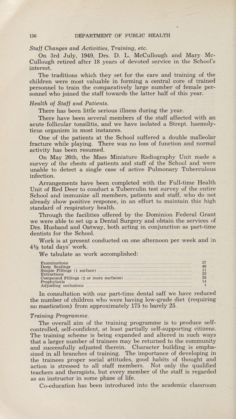 Staff Changes and Activities, Training, etc. On 3rd July, 1949, Drs. D. L. McCullough and Mary Mc¬ Cullough retired after 18 years of devoted service in the School’s interest. The traditions which they set for the care and training of the children were most valuable in forming a central core of trained personnel to train the comparatively large number of female per¬ sonnel who joined the staff towards the latter half of this year. Health of Staff and Patients. There has been little serious illness during the year. There have been several members of the staff affected with an acute follicular tonsilitis, and we have isolated a Strept. haemoly- ticus organism in most instances. One of the patients at the School suffered a double malleolar fracture while playing. There was no loss of function and normal activity has been resumed. On May 26th, the Mass Miniature Radiography Unit made a survey of the chests of patients and staff of the School and were unable to detect a single case of active Pulmonary Tuberculous infection. Arrangements have been completed with the Full-time Health Unit of Red Deer to conduct a Tuberculin test survey of the entire School and immunize all members, patients and staff, who do not already show positive response, in an effort to maintain this high standard of respiratory health. Through the facilities offered by the Dominion Federal Grant we were able to set up a Dental Surgery and obtain the services of Drs. Husband and Oatway, both acting in conjunction as part-time dentists for the School. Work is at present conducted on one afternoon per week and in 4V2 total days’ work. We tabulate as work accomplished: Examinations . 57 Deep Scalings . 40 Simple Fillings (1 surface) . 11 Extractions 23 Compound Fillings (2 or more surfaces). 38 Prophylaxis . 14 Adjusting occlusions . 1 In consultation with our part-time dental saff we have reduced the number of children who were having low-grade diet (requiring no mastication) from approximately 175 to barely 25. Training Programme. The overall aim of the training programme is to produce self- controlled, self-confident, at least partially self-supporting citizens. The training scheme is being expanded and altered in such ways that a larger number of trainees may be returned to the community and successfully adjusted therein. Character building is empha¬ sized in all branches of training. The importance of developing in the trainees proper social attitudes, good habits of thought and action is stressed to all staff members. Not only the qualified teachers and therapists, but every member of the staff is regarded as an instructor in some phase of life. Co-education has been introduced into the academic classroom