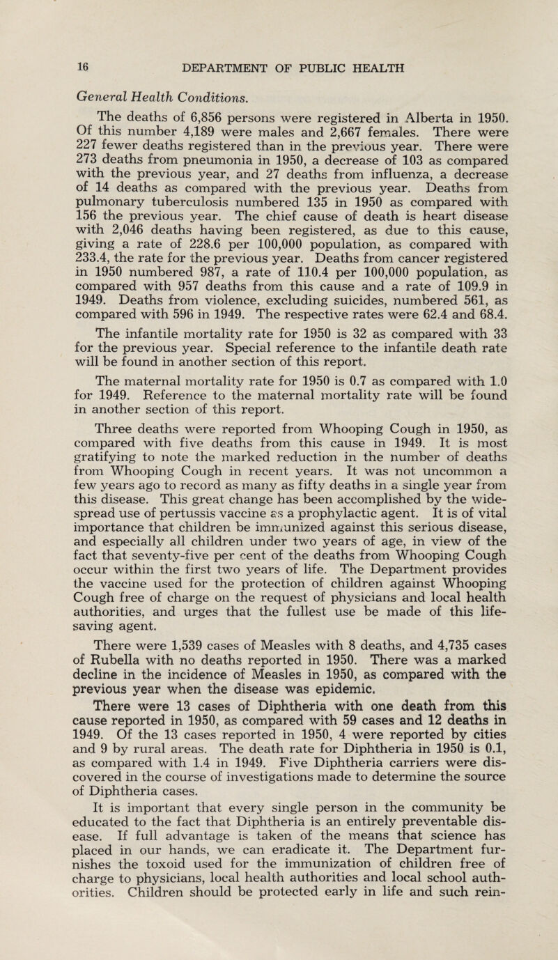 General Health Conditions. The deaths of 6,856 persons were registered in Alberta in 1950. Of this number 4,189 were males and 2,667 females. There were 227 fewer deaths registered than in the previous year. There were 273 deaths from pneumonia in 1950, a decrease of 103 as compared with the previous year, and 27 deaths from influenza, a decrease of 14 deaths as compared with the previous year. Deaths from pulmonary tuberculosis numbered 135 in 1950 as compared with 156 the previous year. The chief cause of death is heart disease with 2,046 deaths having been registered, as due to this cause, giving a rate of 228.6 per 100,000 population, as compared with 233.4, the rate for the previous year. Deaths from cancer registered in 1950 numbered 987, a rate of 110.4 per 100,000 population, as compared with 957 deaths from this cause and a rate of 109.9 in 1949. Deaths from violence, excluding suicides, numbered 561, as compared with 596 in 1949. The respective rates were 62.4 and 68.4. The infantile mortality rate for 1950 is 32 as compared with 33 for the previous year. Special reference to the infantile death rate will be found in another section of this report. The maternal mortality rate for 1950 is 0.7 as compared with 1.0 for 1949. Reference to the maternal mortality rate will be found in another section of this report. Three deaths were reported from Whooping Cough in 1950, as compared with five deaths from this cause in 1949. It is most gratifying to note the marked reduction in the number of deaths from Whooping Cough in recent years. It was not uncommon a few years ago to record as many as fifty deaths in a single year from this disease. This great change has been accomplished by the wide¬ spread use of pertussis vaccine as a prophylactic agent. It is of vital importance that children be immunized against this serious disease, and especially all children under two years of age, in view of the fact that seventy-five per cent of the deaths from Whooping Cough occur within the first two years of life. The Department provides the vaccine used for the protection of children against Whooping Cough free of charge on the request of physicians and local health authorities, and urges that the fullest use be made of this life¬ saving agent. There were 1,539 cases of Measles with 8 deaths, and 4,735 cases of Rubella with no deaths reported in 1950. There was a marked decline in the incidence of Measles in 1950, as compared with the previous year when the disease was epidemic. There were 13 cases of Diphtheria with one death from this cause reported in 1950, as compared with 59 cases and 12 deaths in 1949. Of the 13 cases reported in 1950, 4 were reported by cities and 9 by rural areas. The death rate for Diphtheria in 1950 is 0.1, as compared with 1.4 in 1949. Five Diphtheria carriers were dis¬ covered in the course of investigations made to determine the source of Diphtheria cases. It is important that every single person in the community be educated to the fact that Diphtheria is an entirely preventable dis¬ ease. If full advantage is taken of the means that science has placed in our hands, we can eradicate it. The Department fur¬ nishes the toxoid used for the immunization of children free of charge to physicians, local health authorities and local school auth¬ orities. Children should be protected early in life and such rein-