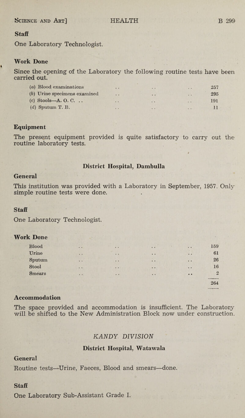 Staff One Laboratory Technologist. Work Done Since the opening of the Laboratory the following routine tests have been carried out. (a) Blood examinations . . . . . . 257 (b) Urine specimens examined . . . . . . 295 (c) Stools—A. O. C. .. . . . . . . 191 (d) Sputum T. B. . . . . . . 11 Equipment The present equipment provided is quite satisfactory to carry out the routine laboratory tests. / District Hospital, Dambulla General This institution was provided with a Laboratory in September, 1957. Only simple routine tests were done. Staff One Laboratory Technologist. Work Done Blood . . . . . . . . 159 Urine . . . . .. . . 61 Sputum . . . . . . . . 26 Stool .. .. .. .. 16 Smears . . . . . . .. 2 264 Accommodation The space provided and accommodation is insufficient. The Laboratory will be shifted to the New Administration Block now under construction. KANDY DIVISION District Hospital, Watawala General Routine tests—Urine, Faeces, Blood and smears—done. Staff