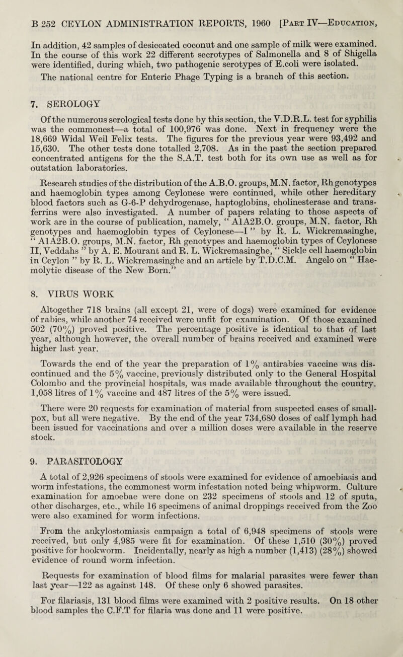 In addition, 42 samples of desiccated coconut and one sample of milk were examined. In the course of this work 22 different secrotypes of Salmonella and 8 of ShigeUa were identified, during which, two pathogenic serotypes of E.coh were isolated. The national centre for Enteric Phage Typing is a branch of this section. 7. SEROLOGY Of the numerous serological tests done by this section, the V.D.R.L. test for syphihs was the commonest—a total of 100,976 was done. Next in frequency were the 18,669 Widal Weil Felix tests. The figures for the previous year were 93,492 and 15,630. The other tests done totalled 2,708. As in the past the section prepared concentrated antigens for the the S.A.T. test both for its own use as well as for outstation laboratories. Research studies of the distribution of the A.B.O. groups, M.N. factor, Rh genotypes and haemoglobin types among Ceylonese were continued, while other hereditary blood factors such as G-6-P dehydrogenase, haptoglobins, cholinesterase and trans¬ ferrins were also investigated. A number of papers relating to those aspects of work are in the course of publication, namely, “ A1A2B.O. groups, M.N. factor, Rh genotypes and haemoglobin types of Ceylonese—I ” by R. L. Wickremasinghe, “ A1A2B.O. groups, M.N. factor, Rh genotypes and haemoglobin types of Ceylonese II, Veddahs ” by A. E. Mourant and R. L. Wickremasinghe, “ Sickle cell haemoglobin in Ceylon ” by R. L. Wickremasinghe and an article by T.D.C.M. Angelo on “ Hae¬ molytic disease of the New Born.” 8. VIRUS WORK « Altogether 718 brains (all except 21, were of dogs) were examined for evidence of rabies, while another 74 received were unfit for examination. Of those examined 502 (70%) proved positive. The percentage positive is identical to that of last year, although however, the overall number of brains received and examined were higher last year. Towards the end of the year the preparation of 1 % antirabies vaccine was dis¬ continued and the 5% vaccine, previously distributed only to the General Hospital Colombo and the provincial hospitals, was made available throughout the country. 1,058 litres of 1% vaccine and 487 litres of the 5% were issued. There were 20 requests for examination of material from suspected cases of small¬ pox, but all were negative. By the end of the year 734,680 doses of calf lymph had been issued for vaccinations and over a million doses were available in the reserve stock. 9. PARASITOLOGY A total of 2,926 specimens of stools were examined for evidence of amoebiafus and worm infestations, the commonest worm infestation noted being whipworm. Culture examination for amoebae were done on 232 specimens of stools and 12 of sputa, other discharges, etc., while 16 specimens of animal droppings received from the Zoo were also examined for worm infections. From the ankylostomiasis campaign a total of 6,948 specimens of stools were received, but only 4,985 were fit for examination. Of these 1,510 (30%) proved positive for hookworm. Incidentally, nearly as high a number (1,413) (28%) showed evidence of round worm infection. Requests for examination of blood films for malarial parasites were fewer than last year—122 as against 148. Of these only 6 showed parasites. For filariasis, 131 blood films were examined with 2 positive results. On 18 other blood samples the C.F.T for filaria was done and 11 were positive.