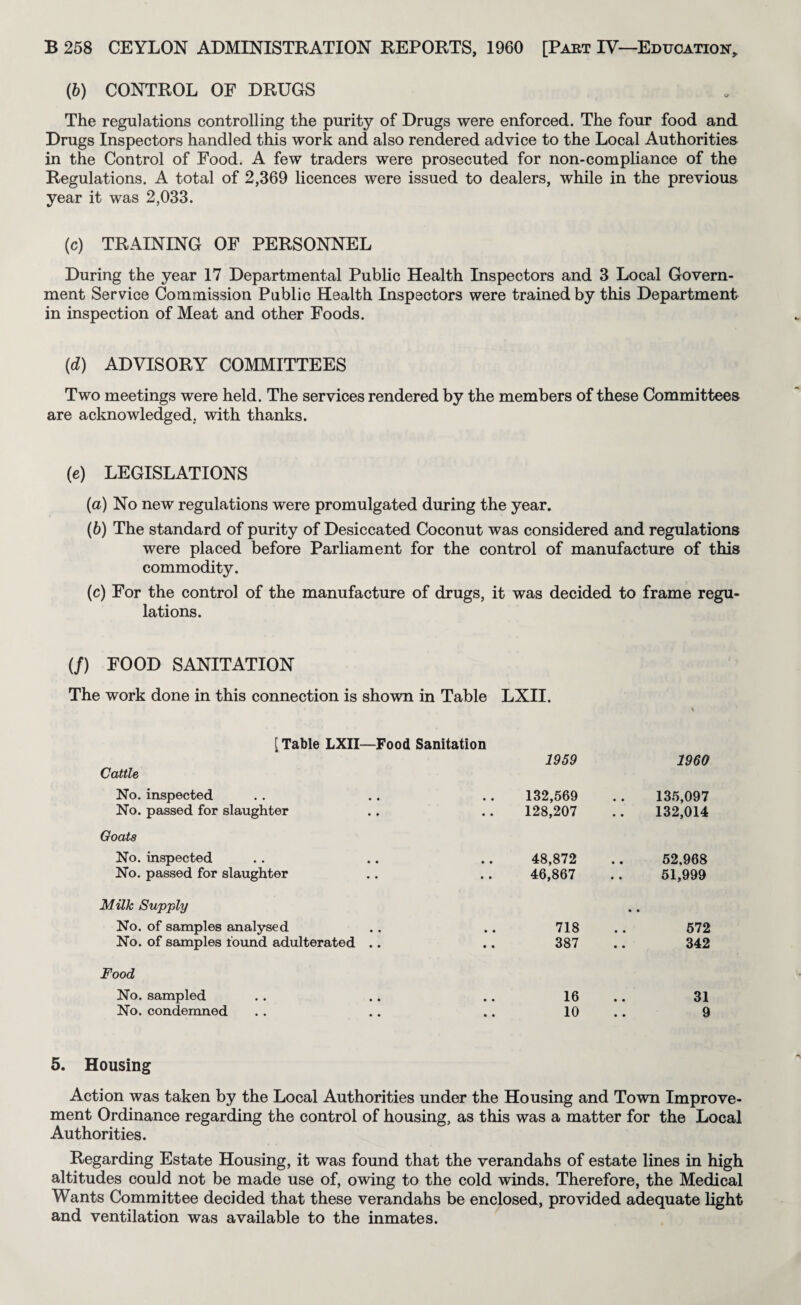 {b) CONTROL OF DRUGS The regulations controlling the purity of Drugs were enforced. The four food and Drugs Inspectors handled this work and also rendered advice to the Local Authorities in the Control of Food. A few traders were prosecuted for non-compliance of the Regulations. A total of 2,369 licences were issued to dealers, while in the previous year it was 2,033. (c) TRAINING OF PERSONNEL During the year 17 Departmental Public Health Inspectors and 3 Local Govern¬ ment Service Commission Public Health Inspectors were trained by this Department in inspection of Meat and other Foods. (d) ADVISORY COMMITTEES Two meetings were held. The services rendered by the members of these Committees are acknowledged, with thanks. (e) LEGISLATIONS (а) No new regulations were promulgated during the year. (б) The standard of purity of Desiccated Coconut was considered and regulations were placed before Parliament for the control of manufacture of this commodity. (c) For the control of the manufacture of drugs, it was decided to frame regu¬ lations. if) FOOD SANITATION The work done in this connection is shown in Table LXII. [Table LXII—Food Sanitation Cattle No. inspected No. passed for slaughter Goats No. inspected No. passed for slaughter Milk Supply No. of samples analysed No. of samples found adulterated .. Food No. sampled No. condemned 1959 1960 132,569 13.5,097 128,207 132,014 48,872 52.968 46,867 51,999 718 • • 572 387 342 16 31 10 9 5. Housing Action was taken by the Local Authorities under the Housing and Town Improve¬ ment Ordinance regarding the control of housing, as this was a matter for the Local Authorities. Regarding Estate Housing, it was found that the verandahs of estate lines in high altitudes could not be made use of, owing to the cold winds. Therefore, the Medical Wants Committee decided that these verandahs be enclosed, provided adequate light and ventilation was available to the inmates.