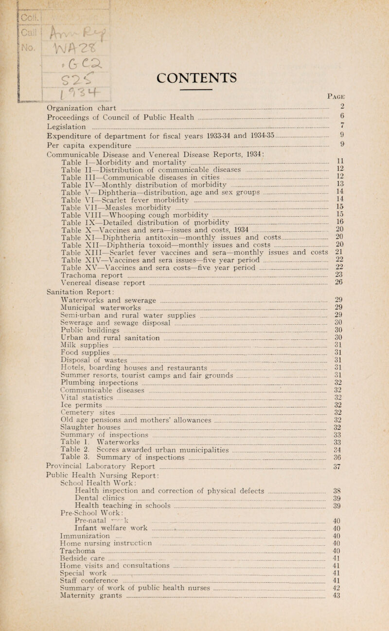 V / CONTENTS Organization chart _ Proceedings of Council of Public Health _ Legislation _ Expenditure of department for fiscal years 1933-34 and 1934-35 Per capita expenditure _ Page .. 2 6 .. 7 9 .. 9 Communicable Disease and Venereal Disease Reports, 1934; Table I—Morbidity and mortality _ H Table II—Distribution of communicable diseases - 12 Table III—Communicable diseases in cities - 12 Table IV—Monthly distribution of morbidity - 13 Table V—Diphtheria—distribution, age and sex groups - 14 Table VI—Scarlet fever morbidity - 14 Table VII—Measles morbidity _ 15' Table VIII—Whooping cough morbidity - 15 Table IX—Detailed distribution of morbidity - 16 Table X—Vaccines and sera—issues and costs, 1934 - 20 Table XI—Diphtheria antitoxin—monthly issues and costs- 20 Table XII—Diphtheria toxoid—monthly issues and costs - 20 Table XIII—Scarlet fever vaccines and sera—monthly issues and costs 21 Table XIV—Vaccines and sera issues—five year period _ 22 Table XV—Vaccines and sera costs—five year period _ 22 Trachoma report _ 23 Venereal disease report _ 26 Sanitation Report: Waterworks and sewerage _ 29 Municipal waterworks _ 29 Semi-urban and rural water supplies _ 29 Sewerage and sewage disposal _ 30 Public buildings ___ 30 Urban and rural sanitation _ 30 IMilk supplies _ -_ 31 Food supplies _ 31 Disposal of wastes __—_ 31 Hotels, boarding houses and restaurants _ 31 Summer resorts, tourist camps and fair grounds _ _ 31 Plumbing inspections _ 32 Communicable diseases _1_ 32 \dtal statistics _ 32 Ice permits _ 32 Cemetery sites _ 32 Old age pensions and mothers’ allowances _ 32 Slaughter houses_ 32 Summary of inspections _ 33 Table 1. Waterworks _ 33 Table 2. Scores awarded urban municipalities _ 34 Table 3. Summary of inspections _ 36 Provincial Laboratory Report _ 37 Public Health Nursing Report; School Health Work: Health inspection and correction of physical defects _ 38 Dental clinics _ 39 Health teaching in schools _ 39 Pre-School Work: Pre-natal k - __ 40 Infant welfare work _^__ 40 Immunization 40 Home nursing instruction _ __._ 40 Trachoma _ 40 Bedside care _ —- . . __ 41 Home, visits and consultations —:_ 41 Special work _ 41 Staff conference - 41 Summary of work of public health nurses _ 42 Maternity grants .-___ 43