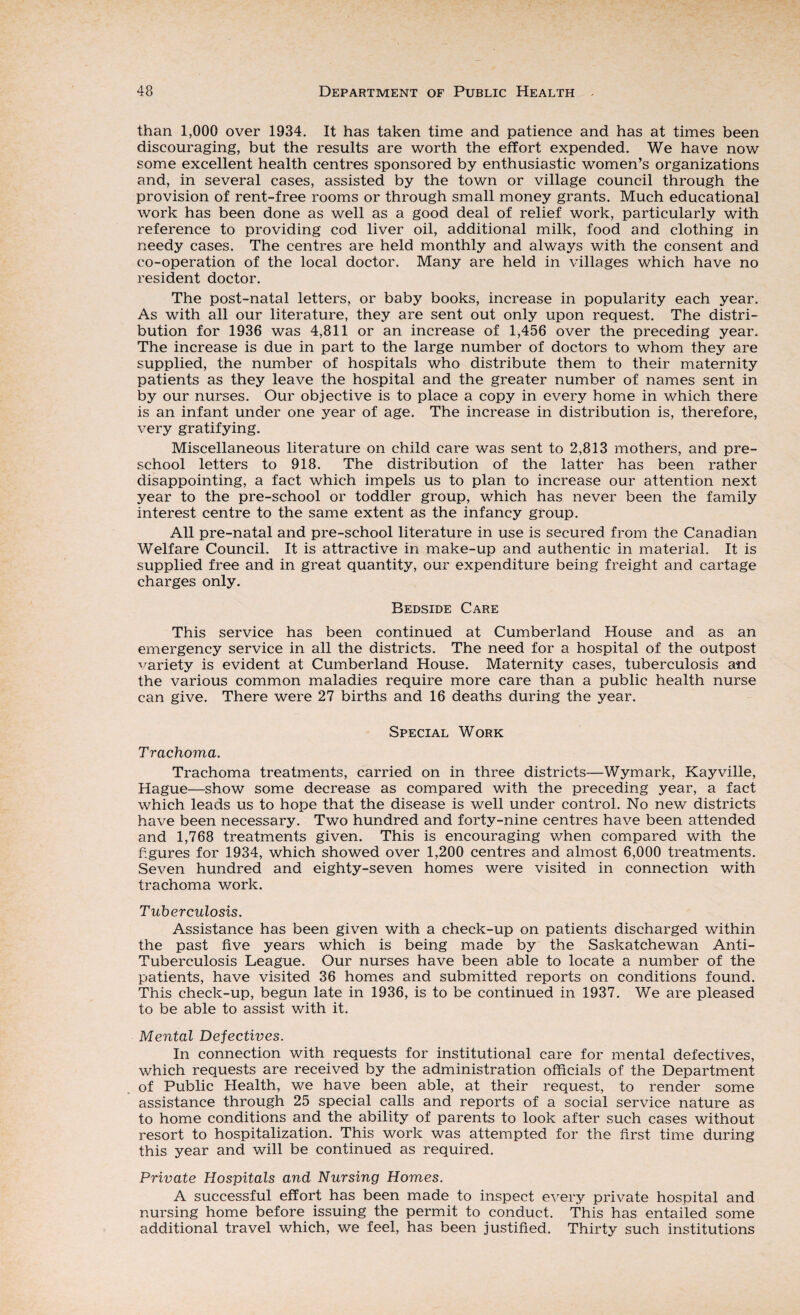 than 1,000 over 1934. It has taken time and patience and has at times been discouraging, but the results are worth the effort expended. We have now some excellent health centres sponsored by enthusiastic women’s organizations and, in several cases, assisted by the town or village council through the provision of rent-free rooms or through small money grants. Much educational work has been done as well as a good deal of relief work, particularly with reference to providing cod liver oil, additional milk, food and clothing in needy cases. The centres are held monthly and always with the consent and co-operation of the local doctor. Many are held in villages which have no resident doctor. The post-natal letters, or baby books, increase in popularity each year. As with all our literature, they are sent out only upon request. The distri¬ bution for 1936 was 4,811 or an increase of 1,456 over the preceding year. The increase is due in part to the large number of doctors to whom they are supplied, the number of hospitals who distribute them to their maternity patients as they leave the hospital and the greater number of names sent in by our nurses. Our objective is to place a copy in every home in which there is an infant under one year of age. The increase in distribution is, therefore, very gratifying. Miscellaneous literature on child care was sent to 2,813 mothers, and pre¬ school letters to 918. The distribution of the latter has been rather disappointing, a fact which impels us to plan to increase our attention next year to the pre-school or toddler group, which has never been the family interest centre to the same extent as the infancy group. All pre-natal and pre-school literature in use is secured from the Canadian Welfare Council. It is attractive in make-up and authentic in material. It is supplied free and in great quantity, our expenditure being freight and cartage charges only. Bedside Care This service has been continued at Cumberland House and as an emergency service in all the districts. The need for a hospital of the outpost variety is evident at Cumberland House. Maternity cases, tuberculosis and the various common maladies require more care than a public health nurse can give. There were 27 births and 16 deaths during the year. Special Work Trachoma. Trachoma treatments, carried on in three districts—Wymark, Kayville, Hague—show some decrease as compared with the preceding year, a fact which leads us to hope that the disease is well under control. No new districts have been necessary. Two hundred and forty-nine centres have been attended and 1,768 treatments given. This is encouraging when compared with the figures for 1934, which showed over 1,200 centres and almost 6,000 treatments. Seven hundred and eighty-seven homes were visited in connection with trachoma work. Tuberculosis. Assistance has been given with a check-up on patients discharged within the past five years which is being made by the Saskatchewan Anti- Tuberculosis League. Our nurses have been able to locate a number of the patients, have visited 36 homes and submitted reports on conditions found. This check-up, begun late in 1936, is to be continued in 1937. We are pleased to be able to assist with it. Mental Defectives. In connection with requests for institutional care for mental defectives, which requests are received by the administration officials of the Department of Public Health, we have been able, at their request, to render some assistance through 25 special calls and reports of a social service nature as to home conditions and the ability of parents to look after such cases without resort to hospitalization. This work was attempted for the first time during this year and will be continued as required. Private Hospitals and Nursing Homes. A successful effort has been made to inspect every private hospital and nursing home before issuing the permit to conduct. This has entailed some additional travel which, we feel, has been justified. Thirty such institutions