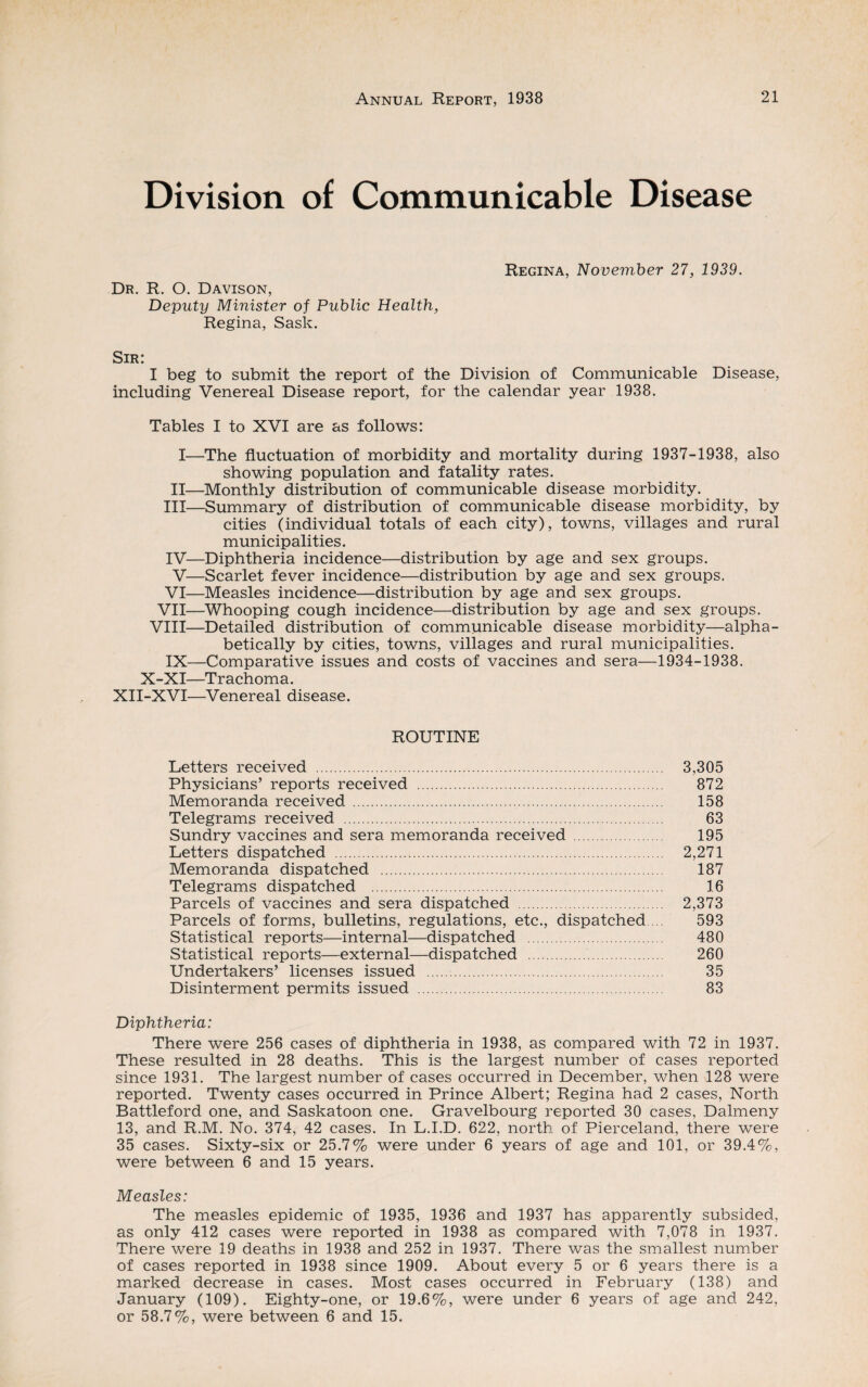 Division of Communicable Disease Dr. R. O. Davison, Deputy Minister of Public Health, Regina, Sask. Regina, November 27, 1939. Sir: I beg to submit the report of the Division of Communicable Disease, including Venereal Disease report, for the calendar year 1938. Tables I to XVI are as follows: I—The fluctuation of morbidity and mortality during 1937-1938, also showing population and fatality rates. II—Monthly distribution of communicable disease morbidity. III— Summary of distribution of communicable disease morbidity, by cities (individual totals of each city), towns, villages and rural municipalities. IV— Diphtheria incidence—distribution by age and sex groups. V—Scarlet fever incidence—distribution by age and sex groups. VI—Measles incidence—distribution by age and sex groups. VII—Whooping cough incidence—distribution by age and sex groups. VIII—Detailed distribution of communicable disease morbidity—alpha¬ betically by cities, towns, villages and rural municipalities. IX—Comparative issues and costs of vaccines and sera—1934-1938. X-XI—Trachoma. XII-XVI—Venereal disease. ROUTINE Letters received . 3.305 Physicians’ reports received . 872 Memoranda received . 158 Telegrams received . 63 Sundry vaccines and sera memoranda received 195 Letters dispatched . 2,271 Memoranda dispatched . 187 Telegrams dispatched . 16 Parcels of vaccines and sera dispatched . 2,373 Parcels of forms, bulletins, regulations, etc., dispatched.... 593 Statistical reports—internal—dispatched . 480 Statistical reports—external—dispatched 260 Undertakers’ licenses issued . 35 Disinterment permits issued . 83 Diphtheria: There were 256 cases of diphtheria in 1938, as compared with 72 in 1937. These resulted in 28 deaths. This is the largest number of cases reported since 1931. The largest number of cases occurred in December, when 128 were reported. Twenty cases occurred in Prince Albert; Regina had 2 cases, North Battleford one, and Saskatoon one. Gravelbourg reported 30 cases, Dalmeny 13, and R.M. No. 374, 42 cases. In L.I.D. 622, north of Pierceland, there were 35 cases. Sixty-six or 25.7% were under 6 years of age and 101, or 39.4%, were between 6 and 15 years. Measles: The measles epidemic of 1935, 1936 and 1937 has apparently subsided, as only 412 cases were reported in 1938 as compared with 7,078 in 1937. There were 19 deaths in 1938 and 252 in 1937. There was the smallest number of cases reported in 1938 since 1909. About every 5 or 6 years there is a marked decrease in cases. Most cases occurred in February (138) and January (109). Eighty-one, or 19.6%, were under 6 years of age and 242, or 58.7%, were between 6 and 15.