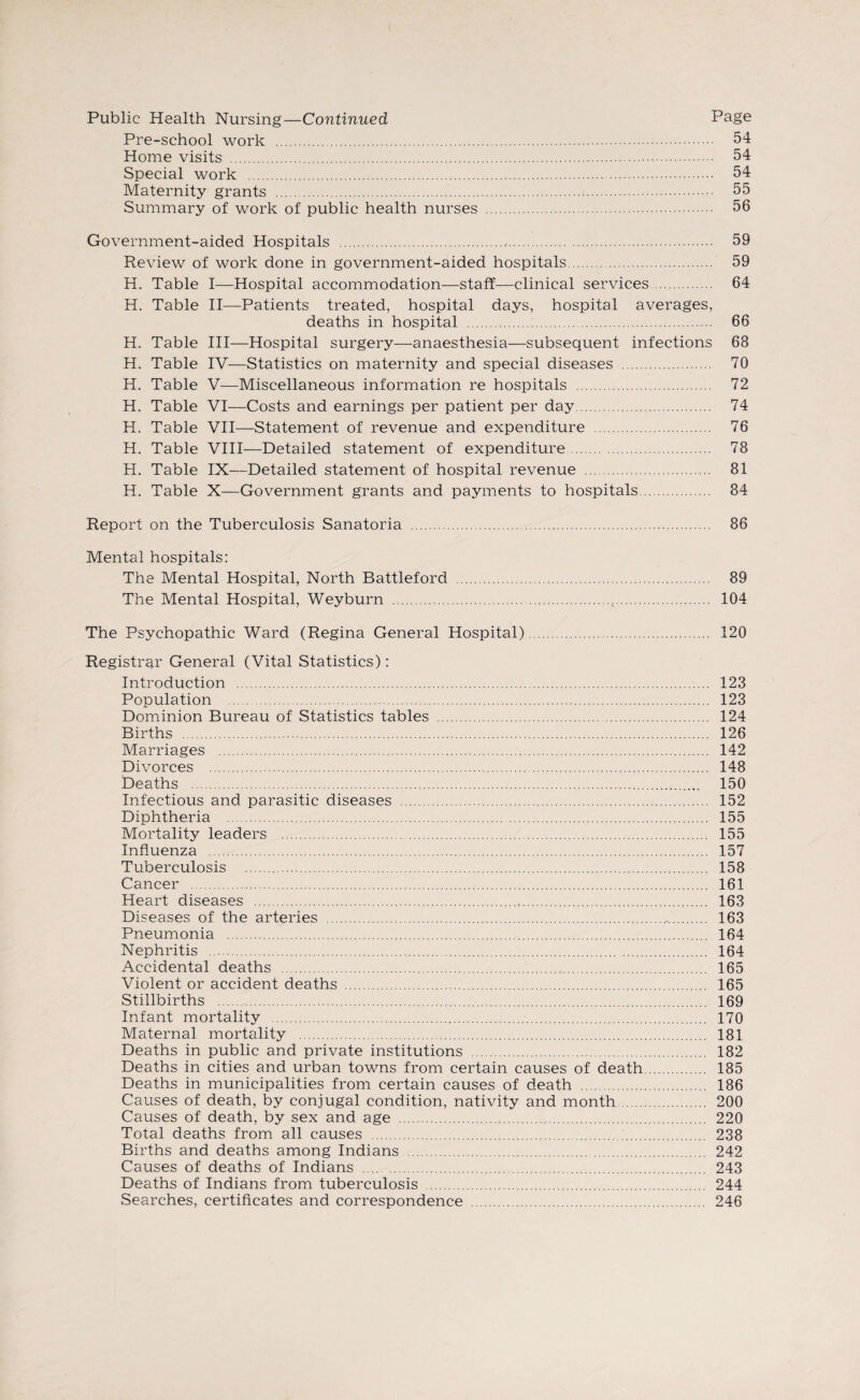 Public Health Nursing—Continued Page Pre-school work . 54 Home visits . 54 Special work . 54 Maternity grants . 55 Summary of work of public health nurses . 56 Government-aided Hospitals . 59 Review of work done in government-aided hospitals. 59 H. Table I—Hospital accommodation—staff—clinical services. 64 H. Table II—Patients treated, hospital days, hospital averages, deaths in hospital . 66 H. Table III—Hospital surgery—anaesthesia—subsequent infections 68 H. Table IV—Statistics on maternity and special diseases . 70 H. Table V—Miscellaneous information re hospitals . 72 H. Table VI—Costs and earnings per patient per day. 74 H. Table VII—Statement of revenue and expenditure . 76 H. Table VIII—Detailed statement of expenditure. 78 H. Table IX—Detailed statement of hospital revenue . 81 H. Table X—Government grants and payments to hospitals. 84 Report on the Tuberculosis Sanatoria . 86 Mental hospitals: The Mental Hospital, North Battleford . 89 The Mental Hospital, Weyburn ... 104 The Psychopathic Ward (Regina General Hospital). 120 Registrar General (Vital Statistics): Introduction . 123 Population . 123 Dominion Bureau of Statistics tables . 124 Births . 126 Marriages . 142 Divorces . 148 Deaths . 150 Infectious and parasitic diseases . 152 Diphtheria . 155 Mortality leaders . 155 Influenza . 157 Tuberculosis . 158 Cancer . 161 Heart diseases . 163 Diseases of the arteries . 163 Pneumonia . 164 Nephritis .. 164 Accidental deaths . 165 Violent or accident deaths . 165 Stillbirths . 169 Infant mortality . 170 Maternal mortality . 181 Deaths in public and private institutions . 182 Deaths in cities and urban towns from certain causes of death. 185 Deaths in municipalities from certain causes of death . 186 Causes of death, by conjugal condition, nativity and month. 200 Causes of death, by sex and age . 220 Total deaths from all causes . 238 Births and deaths among Indians . 242 Causes of deaths of Indians . 243 Deaths of Indians from tuberculosis . 244 Searches, certificates and correspondence . 246