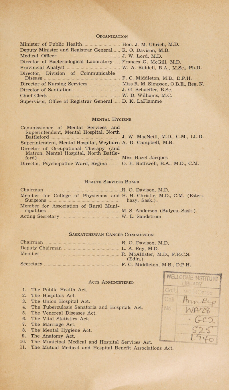 Organization Minister of Public Health. Deputy Minister and Registrar General Medical Officer . Director of Bacteriological Laboratory.. Provincial Analyst .. Director, Division of Communicable Disease. Director of Nursing Services. Director of Sanitation. Chief Clerk . Supervisor, Office of Registrar General Hon. J. M. Uhrich, M.D. R. O. Davison, M.D. J. W. Lord, M.D. Frances G. McGill, M.D. W. A. Riddell, B.A., M.Sc., Ph.D. F. C. Middleton, M.B., D.P.H. Miss R. M. Simpson, O.B.E., Reg. N. J. G. Schaeffer, B.Sc. W. D. Williams, M.C. D. K. LaFlamme Mental Hygiene Commissioner of Mental Services and Superintendent, Mental Hospital, North Battleford . J. W. MacNeill, M.D., C.M., LL.D. Superintendent, Mental Hospital, Weyburn A. D. Campbell, M.B. Director of Occupational Therapy (and Matron, Mental Hospital, North Battle- ford) . Miss Hazel Jacques Director, Psychopathic Ward, Regina. O. E. Rothwell, B.A., M.D., C.M. Health Services Board Chairman .R. O. Davison, M.D. Member for College of Physicians and H. H. Christie, M.D., C.M. (Ester- Surgeons . hazy, Sask.). Member for Association of Rural Muni¬ cipalities . M. S. Anderson (Bulyea, Sask.) Acting Secretary . W. L. Sandstrom Saskatchewan Cancer Commission Chairman . R. O. Davison, M.D. Deputy Chairman . L. A. Roy, M.D. Member . R. McAllister, M.D., F.R.C.S. (Edin.) Secretary. F. C. Middleton, M.B., D.P.H. 1. The 2. The 3. The 4. The 5. The 6. The 7. The 8. The 9. The 10. The 11. The Acts Administered Public Health Act. Hospitals Act. Union Hospital Act. Tuberculosis Sanatoria and Hospitals Act. Venereal Diseases Act. Vital Statistics Act. Marriage Act. Mental Hygiene Act. Anatomy Act. Municipal Medical and Hospital Services Act. Mutual Medical and Hospital Benefit Associations Act