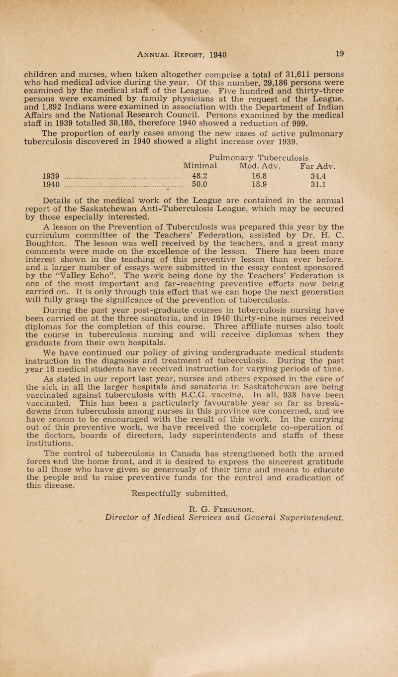 children and nurses, when taken altogether comprise a total of 31,611 persons who had medical advice during the year. Of this number, 29,186 persons were examined by the medical staff of the League. Five hundred and thirty-three persons were examined by family physicians at the request of the League, and 1,892 Indians were examined in association with the Department of Indian Affairs and the National Research Council. Persons examined by the medical staff in 1939 totalled 30,185, therefore 1940 showed a reduction of 999. The proportion of early cases among the new cases of active pulmonary tuberculosis discovered in 1940 showed a slight increase over 1939. Pulmonary Tuberculosis Minimal Mod. Adv. Far Adv. 1939 . 48.2 16.8 34.4 1940 . 50.0 18.9 31.1 Details of the medical work of the League are contained in the annual report of the Saskatchewan Anti-Tuberculosis League, which may be secured by those especially interested. A lesson on the Prevention of Tuberculosis was prepared this year by the curriculum committee of the Teachers’ Federation, assisted by Dr. H. C. Boughton. The lesson was well received by the teachers, and a great many comments were made on the excellence of the lesson. There has been more interest shown in the teaching of this preventive lesson than ever before, and a larger number of essays were submitted in the essay contest sponsored by the “Valley Echo”. The work being done by the Teachers’ Federation is one of the most important and far-reaching preventive efforts now being carried on. It is only through this effort that we can hope the next generation will fully grasp the significance of the prevention of tuberculosis. During the past year post-graduate courses in tuberculosis nursing have been carried on at the three sanatoria, and in 1940 thirty-nine nurses received diplomas for the completion of this course. Three affiliate nurses also took the course in tuberculosis nursing and will receive diplomas when they graduate from their own hospitals. We have continued our policy of giving undergraduate medical students instruction in the diagnosis and treatment of tuberculosis. During the past year 18 medical students have received instruction for varying periods of time. As stated in our report last year, nurses and others exposed in the care of the sick in all the larger hospitals and sanatoria in Saskatchewan are being vaccinated against tuberculosis with B.C.G. vaccine. In all, 938 have been vaccinated. This has been a particularly favourable year so far as break¬ downs from tuberculosis among nurses in this province are concerned, and we have reason to be encouraged with the result of this work. In the carrying out of this preventive work, we have received the complete co-operation of the doctors, boards of directors, lady superintendents and staffs of these institutions. The control of tuberculosis in Canada has strengthened both the armed forces and the home front, and it is desired to express the sincerest gratitude to all those who have given so generously of their time and means to educate the people and to raise preventive funds for the control and eradication of this disease. Respectfully submitted, R. G. Ferguson, Director of Medical Services and General Superintendent.