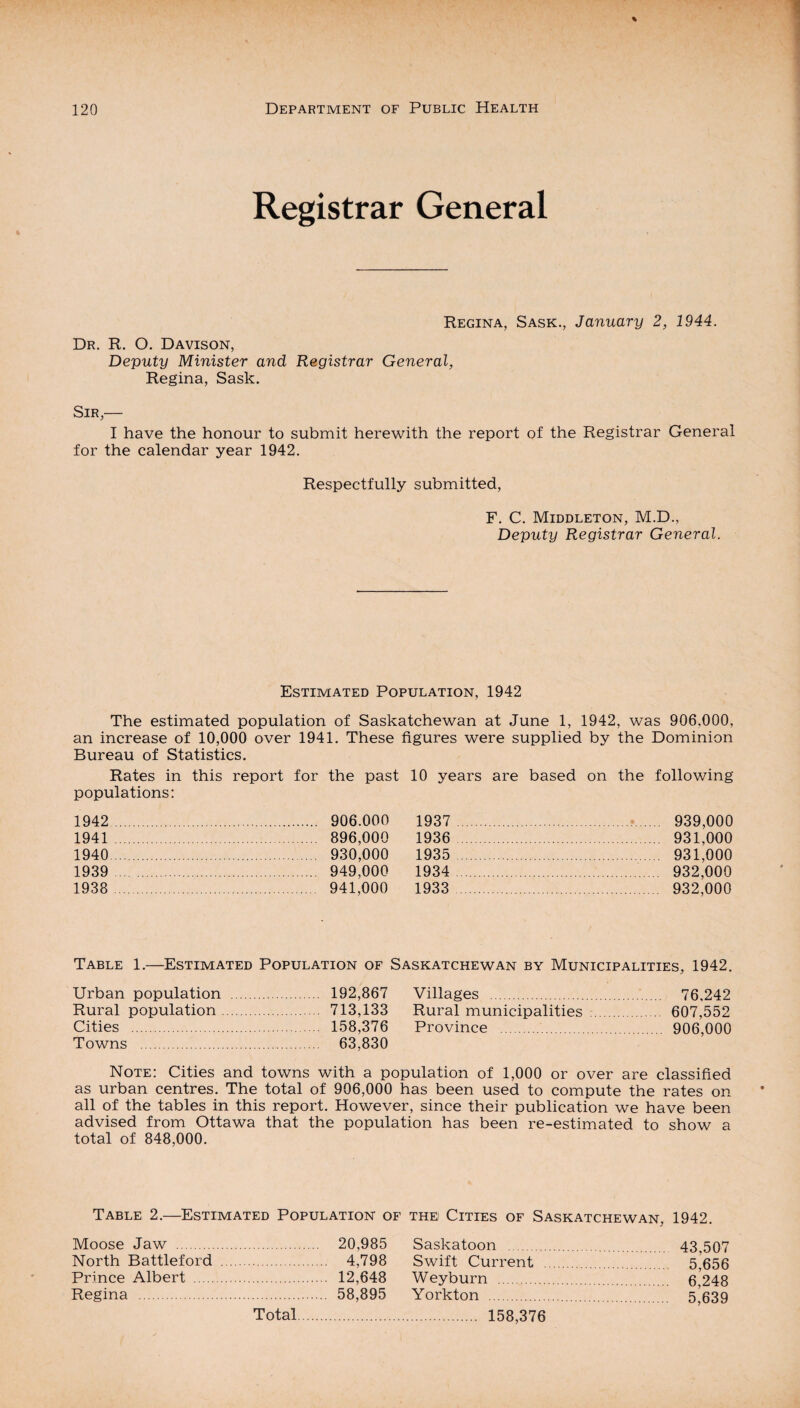 Registrar General Regina, Sask., January 2, 1944. Dr. R. O. Davison, Deputy Minister and Registrar General, Regina, Sask. Sir,— I have the honour to submit herewith the report of the Registrar General for the calendar year 1942. Respectfully submitted, F. C. Middleton, M.D., Deputy Registrar General. Estimated Population, 1942 The estimated population of Saskatchewan at June 1, 1942, was 906,000, an increase of 10,000 over 1941. These figures were supplied by the Dominion Bureau of Statistics. Rates in this report for the past populations: 1942 . 906.000 1941 . 896,000 1940 930,000 1939 . 949,000 1938 . 941,000 10 years are based on the following 1937 . 939,000 1936 . 931,000 1935 . 931,000 1934 . 932,000 1933 . 932,000 Table 1.—Estimated Population of Saskatchewan by Municipalities, 1942. Urban population . 192,867 Villages . 76,242 Rural population. 713,133 Rural municipalities . 607,552 Cities . ... 158.376 Province . 906,000 Towns . 63.830 Note: Cities and towns with a population of 1,000 or over are classified as urban centres. The total of 906,000 has been used to compute the rates on all of the tables in this report. However, since their publication we have been advised from Ottawa that the population has been re-estimated to show a total of 848,000. Table 2.—Estimated Population of the Cities Moose Jaw . 20,985 North Battleford . 4,798 Prince Albert . 12,648 Regina . 58,895 of Saskatchewan, 1942. Saskatoon . 43,507 Swift Current . 5,656 Weyburn . 6,248 Yorkton . 5,639 Total 158,376