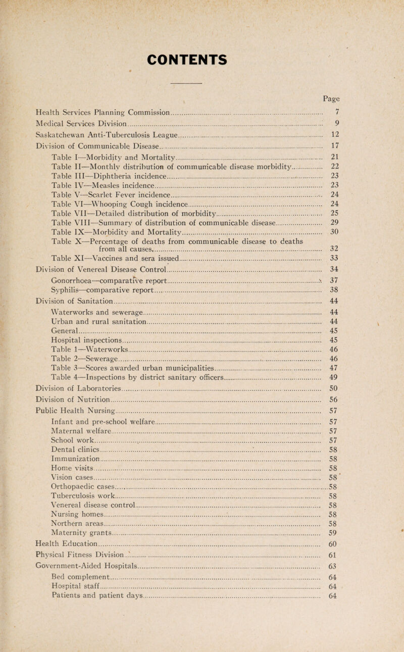 CONTENTS Page Health Services Planning Commission..... 7 Medical Services Division....9 Saskatchewan Anti-Tuberculosis League... 12 Division of Communicable Disease.... 17 Table I—Morbidity and Mortality..... 21 Table II—Monthly distribution of communicable disease morbidity. 22 Table III—Diphtheria incidence..... 23 Table IV—Measles incidence... 23 Table V—Scarlet Fever incidence..24 Table VI—Whooping Cough incidence..... 24 Table VII—Detailed distribution of morbidity... 25 Table VIII—Summary of distribution of communicable disease. 29 Table IX—Morbidity and Mortality... 30 Table X—Percentage of deaths from communicable disease to deaths from all causes. 32 Table XI—Vaccines and sera issued. 33 Division of Venereal Disease Control. 34 Gonorrhoea—comparative report....>. 37 Syphilis—comparative report.. 38 Division of Sanitation. 44 Waterworks and sewerage. 44 Urban and rural sanitation......... 44 General.... 45 Hospital inspections. 45 Table 1—Waterworks. 46 Table 2—Sewerage. 46 Table 3—Scores awarded urban municipalities. 47 Table 4—Inspections by district sanitary officers. 49 Division of Laboratories. 50 Division cf Nutrition. 56 Public Health Nursing. 57 Infant and pre-school welfare. 57 Maternal welfare. 57 School work........ 57 Dental clinics.*.... 58 Immunization... 58 Home visits. 58 Vision cases. 58 Orthopaedic cases.. 58 Tuberculosis work. 58 Venereal disease control. 58 Nursing homes........'.. 58 Northern areas. 58 Maternity grants. 59 Health Education. 60 Physical Fitness Division...'.. 61 Government-Aided Hospitals.. 63 Bed complement. 64 Hospital staff. 64 Patients and patient days. 64