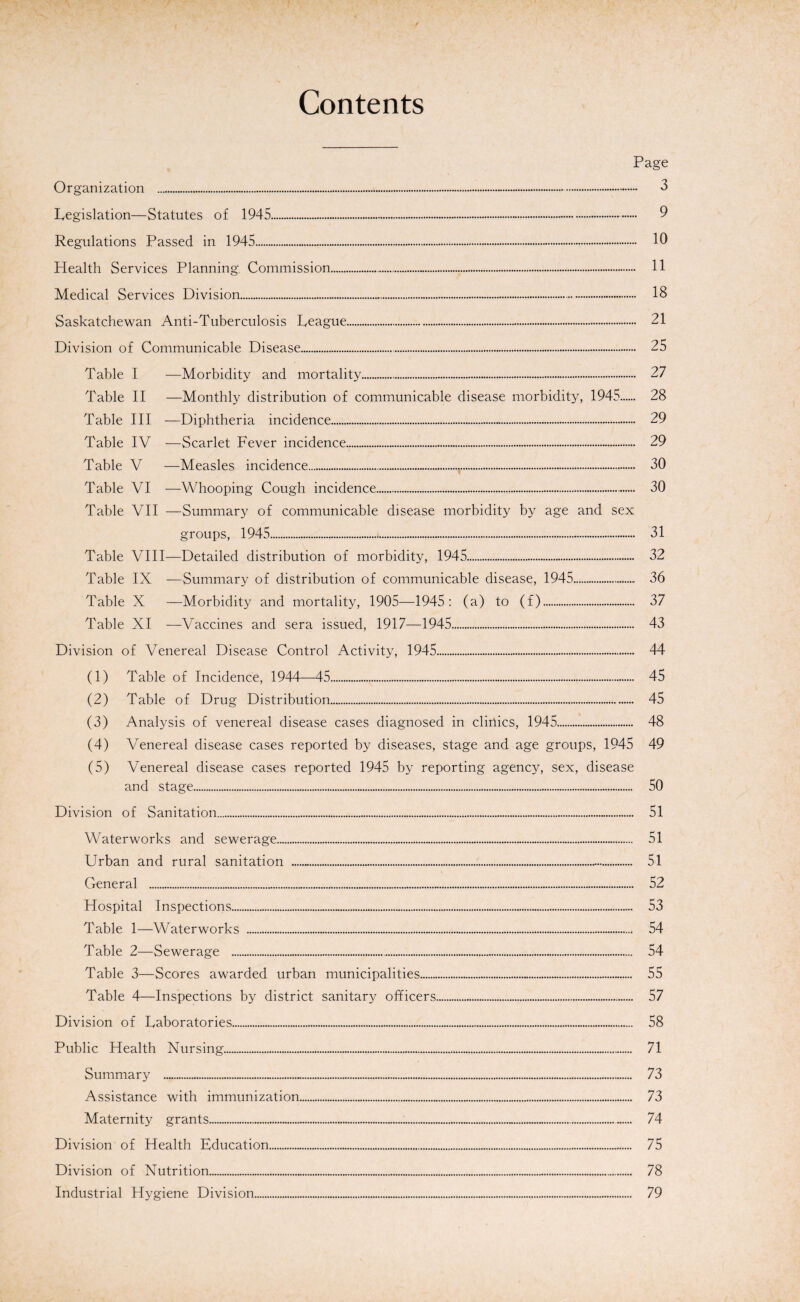 Contents Page Organization .-. 3 Legislation—Statutes of 1945. 9 Regulations Passed in 1945. 10 Health Services Planning Commission. 11 Medical Services Division.. 18 Saskatchewan Anti-Tuberculosis League. 21 Division of Communicable Disease.... 25 Table I —Morbidity and mortality. 27 Table II —Monthly distribution of communicable disease morbidity, 1945. 28 Table III —Diphtheria incidence. 29 Table IV —Scarlet Fever incidence. 29 Table V —Measles incidence.....,... 30 Table VI —Whooping Cough incidence... 30 Table VII —Summary of communicable disease morbidity by age and sex groups, 1945. 31 Table VIII—Detailed distribution of morbidity, 1945... 32 Table IX —Summary of distribution of communicable disease, 1945. 36 Table X —Morbidity and mortality, 1905—1945: (a) to (f). 37 Table XI —Vaccines and sera issued, 1917—1945. 43 Division of Venereal Disease Control Activity, 1945. 44 (1) Table of Incidence, 1944—45. 45 (2) Table of Drug Distribution. 45 (3) Analysis of venereal disease cases diagnosed in clinics, 1945. 48 (4) Venereal disease cases reported by diseases, stage and age groups, 1945 49 (5) Venereal disease cases reported 1945 by reporting agency, sex, disease and stage. 50 Division of Sanitation. 51 Waterworks and sewerage. 51 Urban and rural sanitation . 51 General . 52 Hospital Inspections.„. 53 Table 1—Waterworks . 54 Table 2—Sewerage . 54 Table 3—Scores awarded urban municipalities. 55 Table 4—Inspections by district sanitary officers... 57 Division of Laboratories. 58 Public Health Nursing. 71 Summary . 73 Assistance with immunization. 73 Maternity grants.„. 74 Division of Health Education. 75 Division of Nutrition. 78