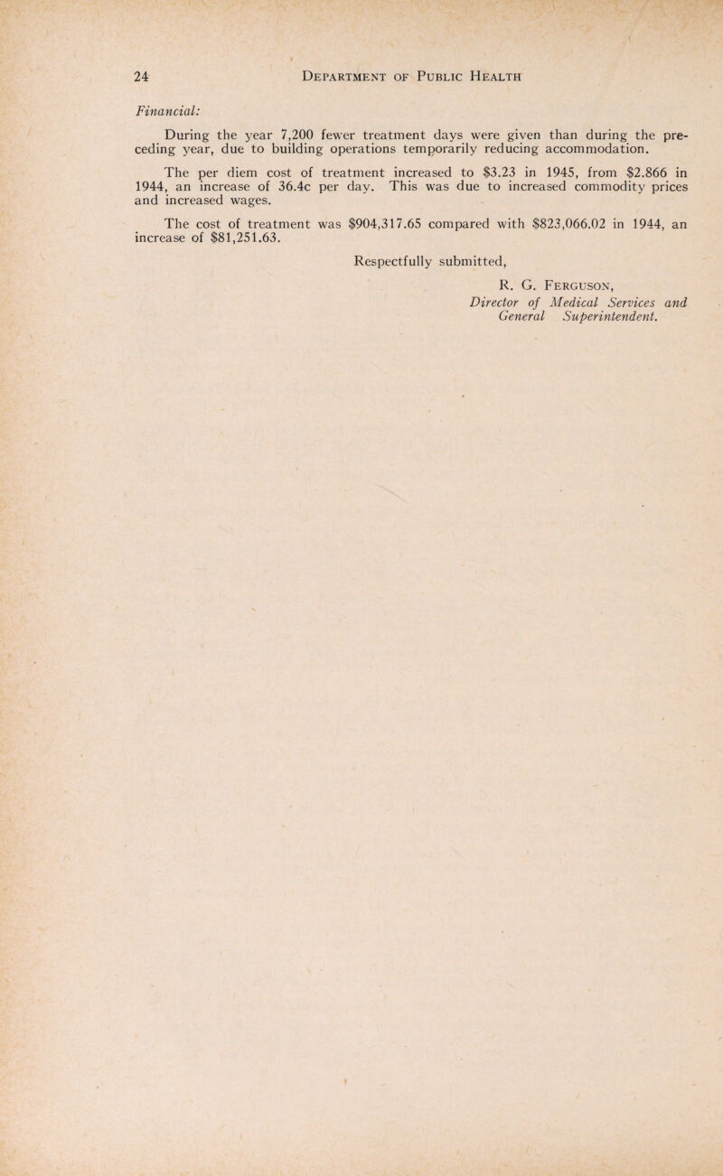 Financial: During the year 7,200 fewer treatment days were given than during the pre¬ ceding year, due to building operations temporarily reducing accommodation. The per diem cost of treatment increased to $3.23 in 1945, from $2,866 in 1944, an increase of 36.4c per day. This was due to increased commodity prices and increased wages. The cost of treatment was $904,317.65 compared with $823,066.02 in 1944, an increase of $81,251.63. Respectfully submitted, R. G. Ferguson, Director of Medical Services and General Superintendent.