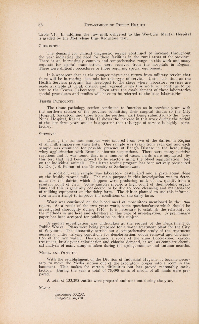 Table VI. In addition the raw milk delivered to the Weyburn Mental Hospital is graded by the Methylene Blue Reductase test. Chemistry: The demand for clinical diagnostic service continued to increase throughout the year indicating the need for these facilities in the rural areas of the province. There is an increasingly complex and comprehensive range in this work and many requests for special examinations were received from the hospitals in Regina. These were difficult procedures or those requiring special equipment. It is apparent that as the younger physicians return from military service that there will be increasing demands for this type of service. Until such time as the Health Services program has developed to the stage where laboratory services are made available at rural, district and regional levels this work will continue to be sent to the Central Laboratory. Even after the establishment of these laboratories special procedures and studies will have to be referred to the base laboratories. Tissue Pathology: The tissue pathology section continued to function as in previous years with the northern section of the province submitting their surgical tissues to the City Hospital, Saskatoon and those from the southern part being submitted to the Grey Nuns’ Hospital, Regina. Table II shows the increase in this work during the period of the last three years and it is apparent that this type of service is highly satis¬ factory. Surveys: During the summer, samples were secured from two of the dairies in Regina of all milk shippers on their lists. One sample was taken from each can and each sample was examined for possible presence of Bang’s Disease in the herd, using v whey agglutination with Brucella abortus suspensions. There were many positive reactions and it was found that in a number of cases, herds were implicated by this test that had been proved to be reactors using the blood agglutination test on the individual animals. This latter testing program has been actively prosecuted by Dr. J. S. Fulton, of the University of Saskatchewan. In addition, each sample was laboratory pasteurized and a plate count done on the freshly treated milk. The main purpose in this investigation was to deter¬ mine for the dairies which shippers were producing milk of low quality from a sanitary point of view. Some samples showed a high count of thermophilic organ¬ isms and this is generally considered to be due to poor cleansing and maintenance of milking equipment on the dairy farm. The dairies planned to use this informa¬ tion in an attempt to improve the conditions on the dairy farm. Work was continued on the blood meal of mosquitoes mentioned in the 1944 report. As a result of the two years work, some questions^arose which should be investigated thoroughly during 1946. It is necessary to establish the reliability of the methods in use here and elsewhere in this type of investigation. A preliminary paper has been accepted for publication on this subject. A special investigation was undertaken at the request of the Department of Public Works. Plans were being prepared for a water treatment plant for the City of Weyburn. The laboratory carried out a comprehensive study of the treatment necessary under varying conditions for decolorization, odour removal and chlorina¬ tion of the raw water. This required a study of the alum flocculation, carbon treatment, break point chlorination and chlorine demand, as well as complete chemi¬ cal analysis of many samples taken during the spring, summer and autumn months. Media and Outfits: With the establishment of the Division of Industrial Hygiene, it became neces¬ sary to move the Media section out of the laboratory proper into a room in the basement. This makes for certain difficulties but has proved reasonably satis¬ factory. During the year a total of 75,490 units of media of all kinds were pre¬ pared. A total of 133,298 outfits were prepared and sent out during the year. Mail: Incoming 33,232. Outgoing 34,370.