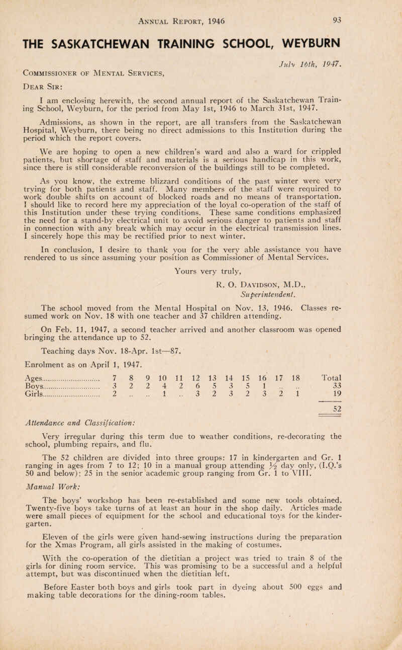 THE SASKATCHEWAN TRAINING SCHOOL, WEYBURN Juh 16th, 1947. Commissioner of Mental Services, Dear Sir: I am enclosing herewith, the second annual report of the Saskatchewan Train¬ ing School, Weyburn, for the period from May 1st, 1946 to March 31st, 1947. Admissions, as shown in the report, are all transfers from the Saskatchewan Hospital, Weyburn, there being no direct admissions to this Institution during the period which the report covers. We are hoping to open a new children’s ward and also a ward for crippled patients, but shortage of staff and materials is a serious handicap in this work, since there is still considerable reconversion of the buildings still to be completed. As you know, the extreme blizzard conditions of the past winter were very trying for both patients and staff. Many members of the staff were required to work double shifts on account of blocked roads and no means of transportation. I should like to record here my appreciation of the loyal co-operation of the staff of this Institution under these trying conditions. These same conditions emphasized the need for a stand-by electrical unit to avoid serious danger to patients and staff in connection with any break which may occur in the electrical transmission lines. I sincerely hope this may be rectified prior to next winter. In conclusion, I desire to thank you for the very able assistance you have rendered to us since assuming your position as Commissioner of Mental Services. Yours very truly, R. O. Davidson, M.D., Su perintendent. The school moved from the Mental Hospital on Nov. 13, 1946. Classes re¬ sumed work on Nov. 18 with one teacher and 37 children attending. On Feb. 11, 1947, a second teacher arrived and another classroom was opened bringing the attendance up to 52. Teaching days Nov. 18-Apr. 1st—87. Enrolment as on April 1, 1947. Ages. . 7 8 9 10 11 12 13 14 15 16 17 18 Total Boys. . 3 2 2 4 2 6 5 3 5 1 33 Girls. . 2 .. 1 • • 0 O 2 3 2 3 2 1 19 52 Attendance and Classij ication: Very irregular during this term due to weather conditions, re-decorating the school, plumbing repairs, and flu. The 52 children are divided into three groups: 17 in kindergarten and Gr. 1 ranging in ages from 7 to 12; 10 in a manual group attending Y2 day only, (I.O.’s 50 and below); 25 in the senior academic group ranging from Gr. 1 to VIII. Manual Work: The boys’ workshop has been re-established and some new tools obtained. Twenty-five boys take turns of at least an hour in the shop daily. Articles made were small pieces of equipment for the school and educational toys for the kinder¬ garten. Eleven of the girls were given hand-sewing instructions during the preparation for the Xmas Program, all girls assisted in the making of costumes. With the co-operation of the dietitian a project was tried to train 8 of the girls for dining room service. This was promising to be a successful and a helpful attempt, but was discontinued when the dietitian left. Before Easter both boys and girls took part in dyeing about 500 eggs and making table decorations for the dining-room tables.