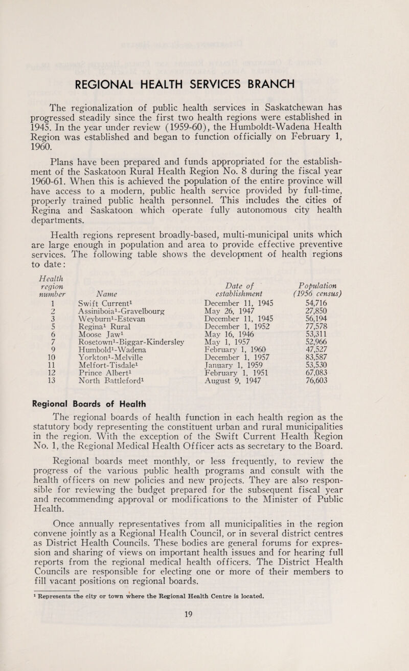 REGIONAL HEALTH SERVICES BRANCH The regionalization of public health services in Saskatchewan has progressed steadily since the first two health regions were established in 1945. In the year under review (1959-60), the Humboldt-Wadena Health Region was established and began to function officially on February 1, 1960. Plans have been prepared and funds appropriated for the establish¬ ment of the Saskatoon Rural Health Region No. 8 during the fiscal year 1960-61. When this is achieved the population of the entire province will have access to a modern, public health service provided by full-time, properly trained public health personnel. This includes the cities of Regina and Saskatoon which operate fully autonomous city health departments. Health regions represent broadly-based, multi-municipal units which are large enough in population and area to provide effective preventive services. The following table shows the development of health regions to date: Health region number Name Date of establishment Population (1956 census) 1 Swift Current1 December 11, 1945 54,716 2 Assiniboia^-Gravelbourg May 26, 1947 27,850 3 WeyburiA-Estevan December 11, 1945 56,194 5 Regina1 Rural December 1, 1952 77,578 6 Moose Jaw1 May 16, 1946 53,311 7 Rosetown1-Biggar-Kindersley May 1, 1957 52,966 9 Humbold1-Wadena February 1, 1960 47,527 10 Yorkton1-Melville December 1, 1957 83,587 11 Melfort-Tisdale1 January 1, 1959 53,530 12 Prince Albert1 February 1, 1951 67,083 13 North Battleford1 August 9, 1947 76,603 Regional Boards of Health The regional boards of health function in each health region as the statutory body representing the constituent urban and rural municipalities in the region. With the exception of the Swift Current Health Region No. 1, the Regional Medical Health Officer acts as secretary to the Board. Regional boards meet monthly, or less frequently, to review the progress of the various public health programs and consult with the health officers on new policies and new projects. They are also respon¬ sible for reviewing the budget prepared for the subsequent fiscal year and recommending approval or modifications to the Minister of Public Health. Once annually representatives from all municipalities in the region convene jointly as a Regional Health Council, or in several district centres as District Health Councils. These bodies are general forums for expres¬ sion and sharing of views on important health issues and for hearing full reports from the regional medical health officers. The District Health Councils are responsible for electing one or more of their members to fill vacant positions on regional boards. 1 Represents the city or town where the Regional Health Centre is located.
