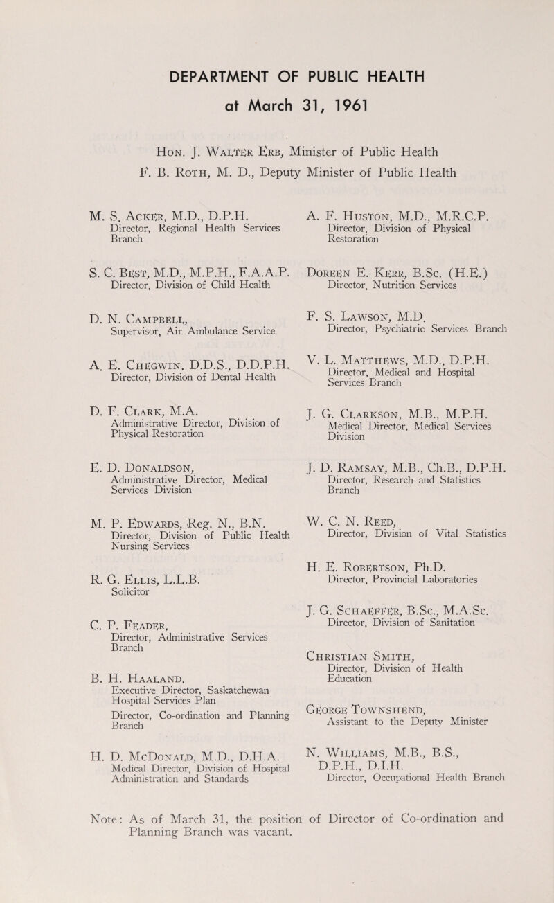 at March 31, 1961 Hon. J. Walter Erb, Minister of Public Health F. B. Roth, M. D., Deputy Minister of Public Health M. S. Acker, M.D., D.P.H. Director, Regional Health Services Branch A. F. Huston, M.D., M.R.C.P. Director, Division of Physical Restoration S. C. Best, M.D., F.A.A.P. Director, Division of Child Health Doreen E. Kerr, B.Sc. (H.E.) Director, Nutrition Services D. N. Campbell, Supervisor, Air Ambulance Service F. S. Eawson, M.D. Director, Psychiatric Services Branch A. E. Chegwin, D.D.S., D.D.P.H. Director, Division of Dental Health V. L. Matthews, M.D., D.P.H. Director, Medical and Hospital Services Branch D. F. Clark, M.A. Administrative Director, Division of Physical Restoration J. G. Clarkson, M.B., M.P.H. Medical Director, Medical Services Division E. D. Donaldson, Administrative Director, Medical Services Division J. D. Ramsay, M.B., Ch.B., D.P.H. Director, Research and Statistics Branch M. P. Edwards, Reg. N., B.N. Director, Division of Public Health Nursing Services W. C. N. reed. Director, Division of Vital Statistics R. G. Ellis, LX.B. Solicitor H. E. Robertson, Ph.D. Director, Provincial Laboratories C. P. Feader, Director, Administrative Services Branch J. G. Schaeeeer, B.Sc., M.A.Sc. Director, Division of Sanitation Christian Smith, B. H. Haaland, Executive Director, Saskatchewan Hospital Services Plan Director, Co-ordination and Planning Branch Director, Division of Health Education George Townshend, Assistant to the Deputy Minister H. D. McDonald, M.D., D.H.A. Medical Director, Division of Hospital Administration and Standards N. Williams, M.B., B.S., D.P.H., D.I.H. Director, Occupational Health Branch Note: As of March 31, the position of Director of Co-ordination and Planning Branch was vacant.