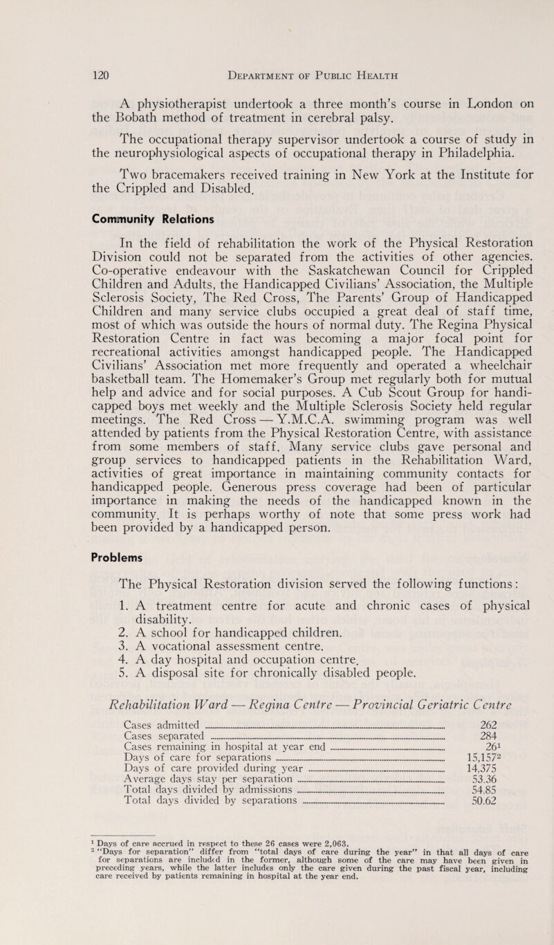 A physiotherapist undertook a three month's course in London on the Bobath method of treatment in cerebral palsy. The occupational therapy supervisor undertook a course of study in the neurophysiological aspects of occupational therapy in Philadelphia. Two bracemakers received training in New York at the Institute for the Crippled and Disabled. Community Relations In the field of rehabilitation the work of the Physical Restoration Division could not be separated from the activities of other agencies. Co-operative endeavour with the Saskatchewan Council for Crippled Children and Adults, the Handicapped Civilians’ Association, the Multiple Sclerosis Society, The Red Cross, The Parents’ Group of Handicapped Children and many service clubs occupied a great deal of staff time, most of which was outside the hours of normal duty. The Regina Physical Restoration Centre in fact was becoming a major focal point for recreational activities amongst handicapped people. The Handicapped Civilians’ Association met more frequently and operated a wheelchair basketball team. The Homemaker’s Group met regularly both for mutual help and advice and for social purposes. A Cub Scout Group for handi¬ capped boys met weekly and the Multiple Sclerosis Society held regular meetings. The Red Cross — Y.M.C.A. swimming program was well attended by patients from the Physical Restoration Centre, with assistance from some members of staff. Many service clubs gave personal and group services to handicapped patients in the Rehabilitation Ward, activities of great importance in maintaining community contacts for handicapped people. Generous press coverage had been of particular importance in making the needs of the handicapped known in the community. It is perhaps worthy of note that some press work had been provided by a handicapped person. Problems The Physical Restoration division served the following functions: 1. A treatment centre for acute and chronic cases of physical disability. 2. A school for handicapped children. 3. A vocational assessment centre. 4. A day hospital and occupation centre. 5. A disposal site for chronically disabled people. Rehabilitation Ward — Regina Centre — Provincial Geriatric Centre Cases admitted ...„. 262 Cases separated . 284 Cases remaining in hospital at year end .-.-.. 261 Days of care for separations . 15,1572 Days of care provided during year ... 14,375 Average days stay per separation ..... 53.36 Total days divided by admissions .. 54.85 Total days divided by separations .„... 50.62 1 Days of care accrued in respect to these 26 cases were 2,063. 2 “Days for separation” differ from “total days of care during the year” in that all days of care for separations are included in the former, although some of the care may have been given in preceding years, while the latter includes only the care given during the past fiscal year, including care received by patients remaining in hospital at the year end.