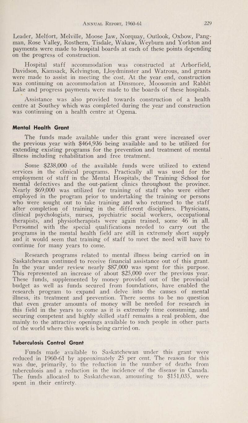 Leader, Mel fort, Melville, Moose Jaw, Norquay, Outlook, Oxbow, Pang- man, Rose Valley, Rosthern, Tisdale, Wakaw, Weyburn and Yorkton and payments were made to hospital boards at each of these points depending on the progress of construction. Hospital staff accommodation was constructed at Arbor field, Davidson, Kamsack, Kelvington, Lloydminster and Watrous, and grants were made to assist in meeting the cost. At the year end, construction was continuing on accommodation at Dinsmore, Moosomin and Rabbit Lake and progress payments were made to the boards of these hospitals. Assistance was also provided towards construction of a health centre at Southey which was completed during the year and construction was continuing on a health centre at Ogema. Mental Health Grant The funds made available under this grant were increased over the previous year with $464,936 being available and to be utilized for extending existing programs for the prevention and treatment of mental illness including rehabilitation and free treatment. Some $238,000 of the available funds were utilized to extend services in the clinical programs. Practically all was used for the employment of staff in the Mental Hospitals, the Training School for mental defectives and the out-patient clinics throughout the province. Nearly $69,000 was utilized for training of staff who were either employed in the program prior to undertaking the training or persons who were sought out to take training and who returned to the staff after completion of training in the different disciplines. Physicians, clinical psychologists, nurses, psychiatric social workers, occupational therapists, and physiotherapists were again trained, some 46 in all. Personnel with the special qualifications needed to carry out the programs in the mental health field are still in extremely short supply and it would seem that training of staff to meet the need will have to continue for many years to come. Research programs related to mental illness being carried on in Saskatchewan continued to receive financial assistance out of this grant. In the year under review nearly $87,000 was spent for this purpose. This represented an increase of about $25,000 over the previous year. These funds, supplemented by money provided out of the provincial budget as well as funds secured from foundations, have enabled the research program to expand and delve into the causes of mental illness, its treatment and prevention. There seems to be no question that even greater amounts of money will be needed for research in this field in the years to come as it is extremely time consuming, and securing competent and highly skilled staff remains a real problem, due mainly to the attractive openings available to such people in other parts of the world where this work is being carried on. Tuberculosis Control Grant Funds made available to Saskatchewan under this grant were reduced in 1960-61 by approximately 25 per cent. The reason for this was due, primarily, to the reduction in the number of deaths from tuberculosis and a reduction in the incidence of the disease in Canada. The funds allocated to Saskatchewan, amounting to $151,035, were spent in their entirety.