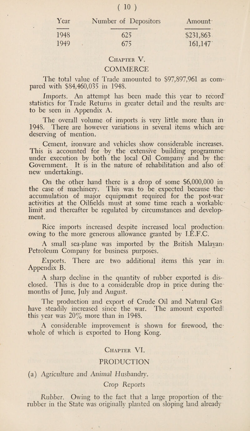 Year Number of Depositors Amount' 1948 625 $231,863 1949 675 161,147' Chapter V. COMMERCE The total value of Trade amounted to $97,897,961 as com¬ pared with $84,460,035 in 1948. Imports. An attempt has been made this year to record statistics for Trade Returns in greater detail and the results are¬ te be seen in Appendix A. The overall volume of imports is very little more than in 1948. There are however variations in several items which are deserving of mention. Cement, ironware and vehicles show considerable increases. This is accounted for by the extensive building programme under execution by both the local Oil Company and by the. Government. It is in the nature of rehabilitation and also of new undertakings. On the other hand there is a drop of some $6,000,000 in the case of machinery. This was to be expected because the- accumulation of major equipment required for the post-war activities at the Oilfields must at some time reach a workable limit and thereafter be regulated by circumstances and develop¬ ment. Rice imports increased despite increased local production: owing to the more generous allowance granted by I.E.F.C. A small sea-plane was imported by the British Malayan? Petroleum Company for business purposes. Exports. There are two additional items this year im Appendix B. A sharp decline in the quantity of rubber exported is dis¬ closed. This is due to a considerable drop in price during the months of June, July and August. The production and export of Crude Oil and Natural Gas have steadily increased since the war. The amount exported; this year was 20% more than in 1948. A considerable improvement is shown for firewood, the whole of which is exported to Plong Kong. Chapter VI. PRODUCTION (a) Agriculture and Animal Elusbandry. Crop Reports Rubber. Owing to the fact that a large proportion of the rubber in the State was originally planted on sloping land already