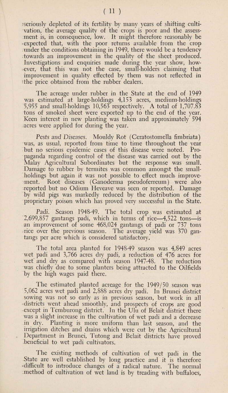 .“seriously depleted of its fertility by many years of shifting culti¬ vation, the average quality of the crops is poor and the assess¬ ment is, in consequence, low. It might therefore reasonably be 'expected that, with the poor returns available from the crop under the conditions obtaining in 1949, there would be a tendency towards an improvement in the quality of the sheet produced. Investigations and enquiries made during the year show, how¬ ever, that this was not the case, small-holders claiming that improvement in quality effected by them was not reflected in ithe price obtained from the rubber dealers. The acreage under rubber in the State at the end of 1949 was estimated at large-holdings 4,153 acres, medium-holdings 5,955 and small-holdings 10,563 respectively. A total of 1,707.83 tons of smoked sheet were exported up to the end of the year. Keen interest in new planting was taken and approximately 594 ; acres were applied for during the year. Pests and Diseases. Mouldy Rot (Ceratostomella fimbriata) was, as usual, reported from time to time throughout the year but no serious epidemic cases of this disease were noted. Pro¬ paganda regarding control of the disease was carried out by the Malay Agricultural Subordinates but the response was small. Damage to rubber by termites was common amongst the small¬ holdings but again it was not possible to effect much, improve¬ ment. Root diseases (Ganoderma pseudoferreum) were also reported but no Odium Heveave was seen or reported. Damage by wild pigs was markedly reduced by the distribution of the proprietary poison which has proved very successful in the State. Padi. Season 1948-49. The total crop was estimated at 2,699,857 gantangs padi, which in terms of rice—4,522 tons—is an improvement of some 468,024 gantangs of padi or 737 tons rice over the previous season. The average yield was 370 gan¬ tangs per acre which is considered satisfactory. The total area planted for 1948-49 season was 4,849 acres wet padi and 3,766 acres dry padi, a reduction of 476 acres for wet and dry as compared with season 1947-48. The reduction was chiefly due to some planters being attracted to the Oilfields by the high wages paid there. The estimated planted acreage for the 1949/50 season was 5,062 acres wet padi and 2,888 acres dry padi. In Brunei district sowing was not so early as in previous season, but work in all districts went ahead smoothly, and prospects of crops are good except in Temburong district. In the Ulu of Belait district there was a slight increase in the cultivation of wet padi and a decrease in dry. Planting is more uniform than last season, and the irrigation ditches and drains which were cut by the Agricultural Department in Brunei, Tutong and Belait districts have proved beneficial to wet padi cultivators. The existing methods of cultivation of wet padi in the State are well established by long practice and it is therefore -difficult to introduce changes of a radical nature. The normal .method of cultivation of wet land is by treading with buffaloes.