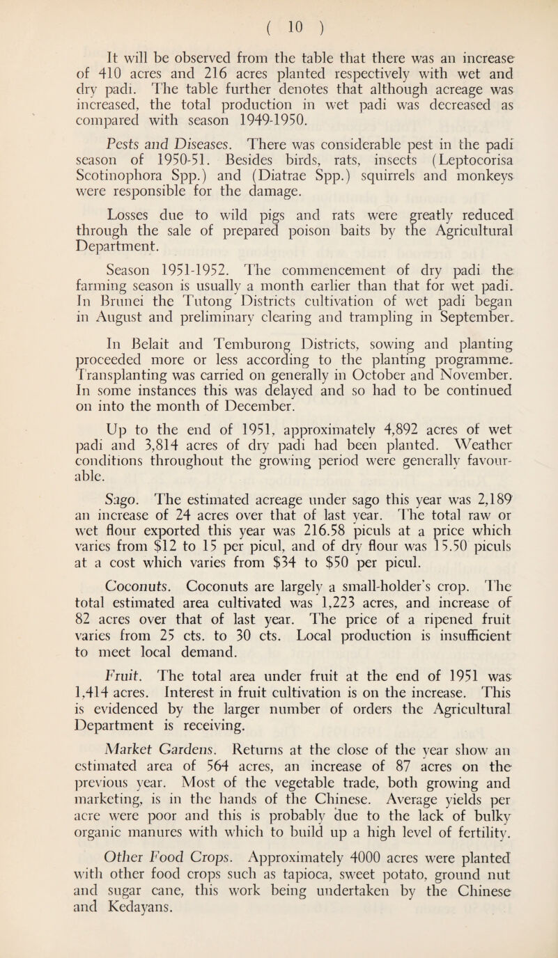 It will be observed from the table that there was an increase of 410 acres and 216 acres planted respectively with wet and dry padi. The table further denotes that although acreage was increased, the total production in wet padi was decreased as compared with season 1949-1950. Pests and Diseases. There was considerable pest in the padi season of 1950-51. Besides birds, rats, insects (Leptocorisa Scotinophora Spp.) and (Diatrae Spp.) squirrels and monkeys were responsible for the damage. Losses due to wild pigs and rats were greatly reduced through the sale of prepared poison baits by the Agricultural Department. Season 1951-1952. The commencement of dry padi the farming season is usually a month earlier than that for wet padi. In Brunei the Tutong Districts cultivation of wet padi began in August and preliminary clearing and trampling in September.. In Belait and Temburong Districts, sowing and planting proceeded more or less according to the planting programme. Transplanting was carried on generally in October and November. In some instances this was delayed and so had to be continued on into the month of December. Up to the end of 1951, approximately 4,892 acres of wet padi and 3,814 acres of dry padi had been planted. Weather conditions throughout the growing period were generally favour¬ able. Sago. The estimated acreage under sago this year was 2,189 an increase of 24 acres over that of last year. The total raw or wet flour exported this year was 216.58 piculs at a price which varies from $12 to 15 per picul, and of dry flour was 15.50 piculs at a cost which varies from $34 to $50 per picul. Coconuts. Coconuts are largely a small-holder’s crop. The total estimated area cultivated was 1,223 acres, and increase of 82 acres over that of last year. The price of a ripened fruit varies from 25 cts. to 30 cts. Local production is insufficient to meet local demand. Fruit. The total area under fruit at the end of 1951 was 1,414 acres. Interest in fruit cultivation is on the increase. This is evidenced by the larger number of orders the Agricultural Department is receiving. Market Gardens. Returns at the close of the year show an estimated area of 564 acres, an increase of 87 acres on the previous year. Most of the vegetable trade, both growing and marketing, is in the hands of the Chinese. Average yields per acre were poor and this is probably due to the lack of bulky organic manures with which to build up a high level of fertility. Other Food Crops. Approximately 4000 acres were planted with other food crops such as tapioca, sweet potato, ground nut and sugar cane, this work being undertaken by the Chinese and Kedayans.