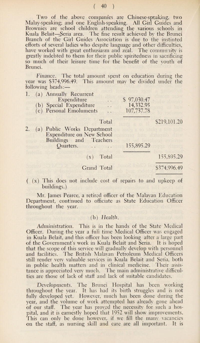 Two of the above companies are Chinese-speaking, two Malay-speaking; and one English-speaking. All Girl Guides and Brownies are school children attending the various schools in Kuala Belait—^Seria area. The fine result achieved by the Brunei Branch of the Girl Guides Association is due to the instinted efforts of several ladies who despite language and other difficulties, have worked with great enthusiasm and zeal. The community is greatly indebted to them for their public spiritedness in sacrificing so much of their leisure time for the benefit of the youth of Brunei. Finance. The total amount spent on education during the year was $374,996.49. This amount may be divided under the following heads:— 1. (a) Annually Recurrent Expenditure $ 97,030.47 (b) Special Expenditure 14,332.95 (c) Personal Emoluments 107,737.78 T otal 2. (a) Public Works Department Expenditure on New School Buildings and ’Teachers Quarters. 155,895.29 $219,101.20 (x) Total 155,893.29 Grand Total $374,996.49 ( (x) This does not include cost of repairs to and upkeep of buildings.) Mr. James Pearce, a retired officer of the Malayan Education Department, continued to officiate as State Education Officer throughout the year. (b) Health. Administration. This is in the hands of the State Medical Officer. During the year a full time Medical Officer was engaged in Kuala Belait, and this officer has been looking after a large part of the Government’s work in Kuala Belait and Seria. It is hoped that the scope of this service will gradually develop with personnel and facilities. The British Malayan Petroleum Medical Officers still render very valuable services in Kuala Belait and Seria, both in public health matters and in clinical medicine. Their assis¬ tance is appreciated very much. The main administrative difficul¬ ties are those of lack of staff and lack of suitable candidates. Developments. The Brunei Hospital has been working throughout the year. It has had its birth struggles and is not fully developed yet. However, much has been done during the year, and the volume of work attempted has alreadv gone ahead of our staff. The year has proved the necessity for such a hos¬ pital, and it is earnestly hoped that 1952 will show improvements. This can only be done however, if we fill the many vacancies on the staff, as nursing skill and care are all important. It is