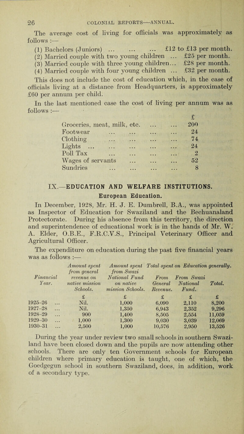 The average cost of living for officials was approximately as follows :— (1) Bachelors (Juniors) ... ... ... £12 to £13 per month. (2) Married couple with two young children ... £25 per month. (3) Married couple with three young children... £28 per month. (4) Married couple with four young children ... £32 per month. This does not include the cost of education which, in the case of officials living at a distance from Headquarters, is approximately £60 per annum per child. In the last mentioned case the cost of living per annum was as. follows :— £ Groceries, meat, milk, etc. 200 Footwear 24 Clothing 74 Lights 24 Poll Tax 2 Wages of servants 52 Sundries 8 IX.—EDUCATION AND WELFARE INSTITUTIONS. European Education. In December, 1928, Mr. H. J. E. Dumbrell, B.A., was appointed as Inspector of Education for Swaziland and the Bechuanaland Protectorate. During his absence from this territory, the direction and superintendence of educational work is in the hands of Mr. W. A. Elder, O.B.E., F.R.C.V.S., Principal Veterinary Officer and Agricultural Officer. The expenditure on education during the past five financial years was as follows :— Amount spent Amount spent Total spent on Education generally from general from Swazi Financial revenue on National Fund From From Swazi Year. native mission on native General National Total. Schools. mission Schools. Revenue. Fund. £ £ £ £ £ 1925-26 ... Nil. 1,000 6,090 2,110 8,200 1927-28 ... Nil. 1,350 6,943 2,352 9,296 1928-29 ... 900 1,400 8,505 2,554 11,059 1929-30 ... 1,000 1,300 9,030 3,039 12,069 1930-31 ... 2,500 1.000 10,576 2,950 13,526 During the year under review two small schools in southern Swazi¬ land have been closed down and the pupils are now attending other schools. There are only ten Government schools for European children where primary education is taught, one of which, the Goedgegun school in southern Swaziland, does, in addition, work of a secondary type.