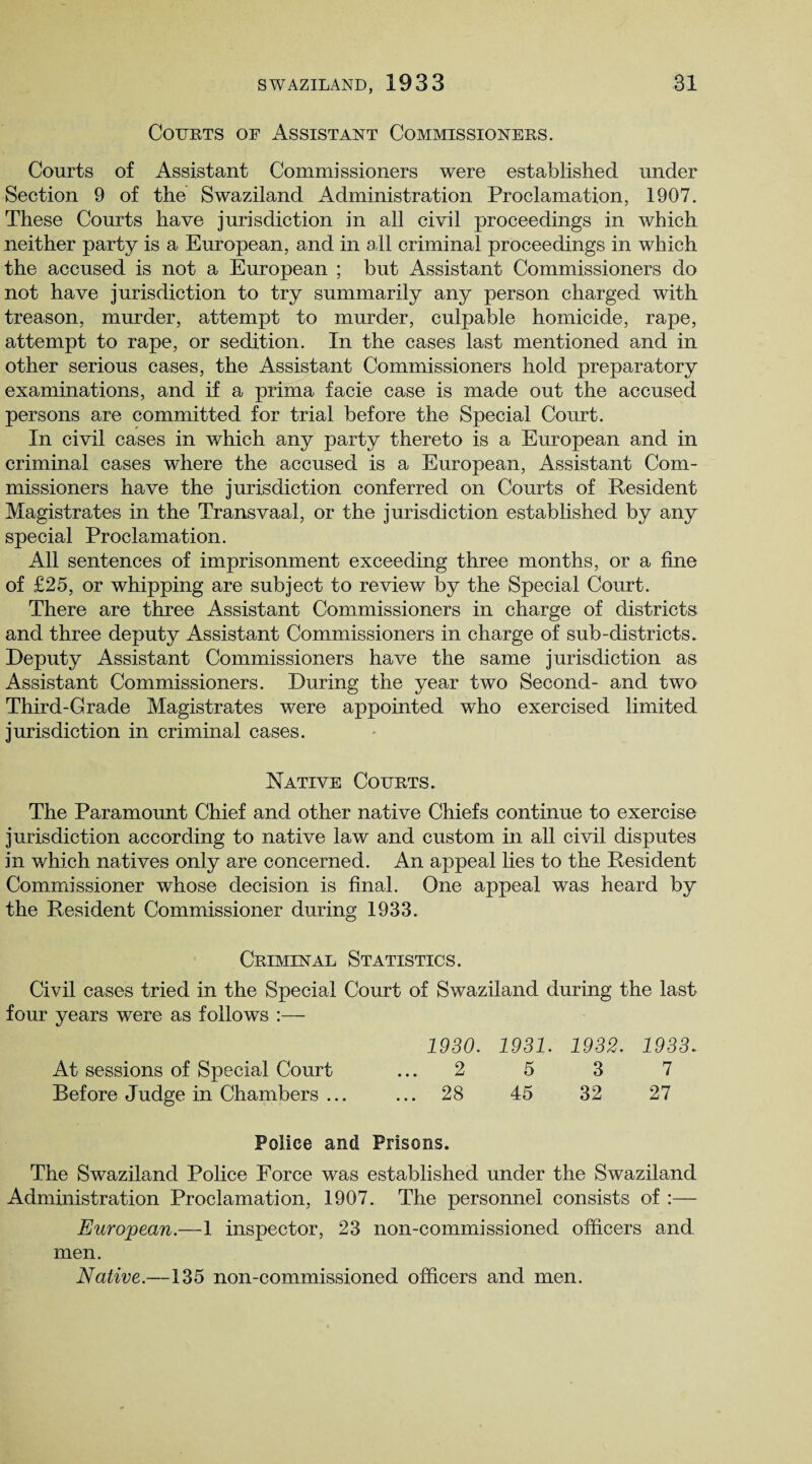 Courts of Assistant Commissioners. Courts of Assistant Commissioners were established under Section 9 of the Swaziland Administration Proclamation, 1907. These Courts have jurisdiction in all civil proceedings in which neither party is a European, and in all criminal proceedings in which the accused is not a European ; but Assistant Commissioners do not have jurisdiction to try summarily any person charged with treason, murder, attempt to murder, culpable homicide, rape, attempt to rape, or sedition. In the cases last mentioned and in other serious cases, the Assistant Commissioners hold preparatory examinations, and if a prima facie case is made out the accused persons are committed for trial before the Special Court. In civil cases in which any party thereto is a European and in criminal cases where the accused is a European, Assistant Com¬ missioners have the jurisdiction conferred on Courts of Resident Magistrates in the Transvaal, or the jurisdiction established by any special Proclamation. All sentences of imprisonment exceeding three months, or a fine of £25, or whipping are subject to review by the Special Court. There are three Assistant Commissioners in charge of districts and three deputy Assistant Commissioners in charge of sub-districts. Deputy Assistant Commissioners have the same jurisdiction as Assistant Commissioners. During the year two Second- and two Third-Grade Magistrates were appointed who exercised limited jurisdiction in criminal cases. Native Courts. The Paramount Chief and other native Chiefs continue to exercise jurisdiction according to native law and custom in all civil disputes in which natives only are concerned. An appeal lies to the Resident Commissioner whose decision is final. One appeal was heard by the Resident Commissioner during 1933. Criminal Statistics. Civil cases tried in the Special Court of Swaziland during the last four years were as follows :— 1930. 1931. 1932. 1933. At sessions of Special Court ... 2 5 3 7 Before Judge in Chambers ... ... 28 45 32 27 Police and Prisons. The Swaziland Police Force was established under the Swaziland Administration Proclamation, 1907. The personnel consists of :— European.—1 inspector, 23 non-commissioned officers and men. Native.—135 non-commissioned officers and men.