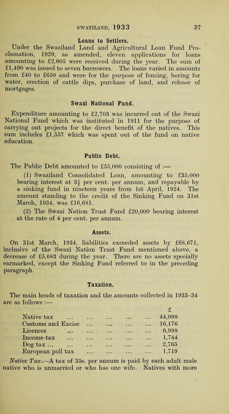 Loans to Settlers. Under the Swaziland Land and Agricultural Loan Fund Pro¬ clamation, 1929, as amended, eleven applications for loans amounting to £2,605 were received during the year. The sum of £1,490 was issued to seven borrowers. The loans varied in amounts from £40 to £650 and were for the purpose of fencing, boring for water, erection of cattle dips, purchase of land, and release of mortgages. Swazi National Fund. Expenditure amounting to £2,703 was incurred out of the Swazi National Fund which was instituted in 1911 for the purpose of carrying out projects for the direct benefit of the natives. This sum includes £1,557 which was spent out of the fund on native education. Public Debt. The Public Debt amounted to £55,000 consisting of :— (1) Swaziland Consolidated Loan, amounting to £35,000 bearing interest at 3| per cent, per annum, and repayable by a sinking fund in nineteen years from 1st April, 1924. The amount standing to the credit of the Sinking Fund on 31st March, 1934, was £16,681. (2) The Swazi Nation Trust Fund £20,000 bearing interest at the rate of 4 per cent, per annum. Assets. On 31st March, 1934, liabilities exceeded assets by £68,671, inclusive of the Swazi Nation Trust Fund mentioned above, a decrease of £5,683 during the year. There are no assets specially earmarked, except the Sinking Fund referred to in the preceding paragraph. Taxation. The main heads of taxation and the amounts collected in 1933-34 are as follows :— £ Native tax ... ... ... ... ... 44,098 Customs and Excise ... ... ... ... 16,176 Licences ... ... ... ... ... 6,998 Income-tax ... ... ... ... ... 1,744 Dog tax... ... ... ... ... ... 2,765 European poll tax ... ... ... ... 1,719 Native Tax.—A tax of 35s. per annum is paid by each adult male native who is unmarried or who has one wife. Natives with more