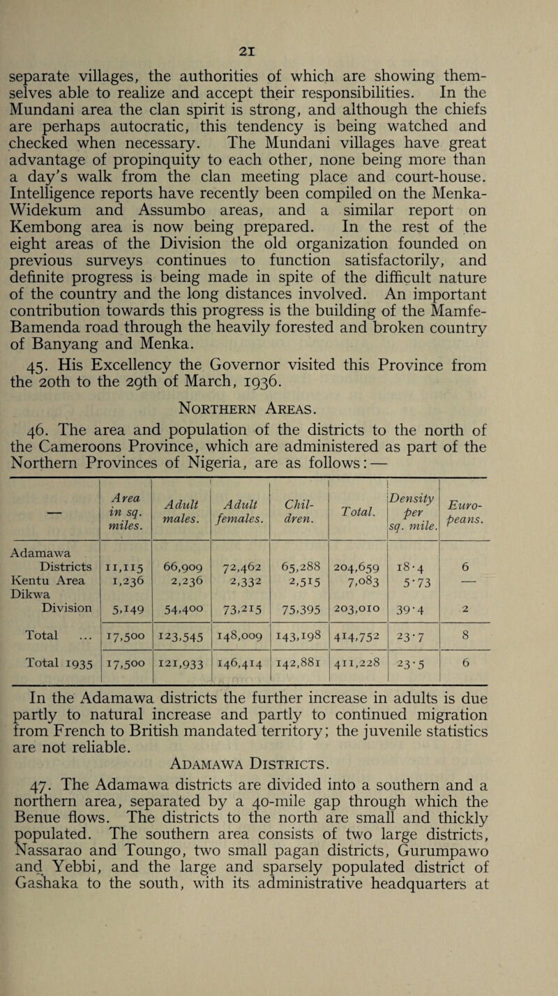 separate villages, the authorities of which are showing them¬ selves able to realize and accept their responsibilities. In the Mundani area the clan spirit is strong, and although the chiefs are perhaps autocratic, this tendency is being watched and checked when necessary. The Mundani villages have great advantage of propinquity to each other, none being more than a day’s walk from the clan meeting place and court-house. Intelligence reports have recently been compiled on the Menka- Widekum and Assumbo areas, and a similar report on Kembong area is now being prepared. In the rest of the eight areas of the Division the old organization founded on previous surveys continues to function satisfactorily, and definite progress is being made in spite of the difficult nature of the country and the long distances involved. An important contribution towards this progress is the building of the Mamfe- Bamenda road through the heavily forested and broken country of Banyang and Menka. 45. His Excellency the Governor visited this Province from the 20th to the 29th of March, 1936. Northern Areas. 46. The area and population of the districts to the north of the Cameroons Province, which are administered as part of the Northern Provinces of Nigeria, are as follows: — — Area in sq. miles. A dolt males. Adult females. Chil¬ dren. Total. Density per sq. mile. Euro¬ peans. Adamawa Districts Kentu Area Dikwa 11,115 1,236 66,909 2,236 72,462 2,332 65,288 2,515 204,659 7,083 18-4 5‘73 6 Division 5T49 54,400 73,215 75,395 203,010 39*4 2 Total i7,5°° 123,545 148,009 143,198 414,752 23-7 8 Total 1935 i7,5°° 121,933 146,41:4 142,881 411,228 23-5 6 In the Adamawa districts the further increase in adults is due partly to natural increase and partly to continued migration from French to British mandated territory; the juvenile statistics are not reliable. Adamawa Districts. 47. The Adamawa districts are divided into a southern and a northern area, separated by a 40-mile gap through which the Benue flows. The districts to the north are small and thickly populated. The southern area consists of two large districts, Nassarao and Toungo, two small pagan districts, Gurumpawo and Yebbi, and the large and sparsely populated district of Gashaka to the south, with its administrative headquarters at
