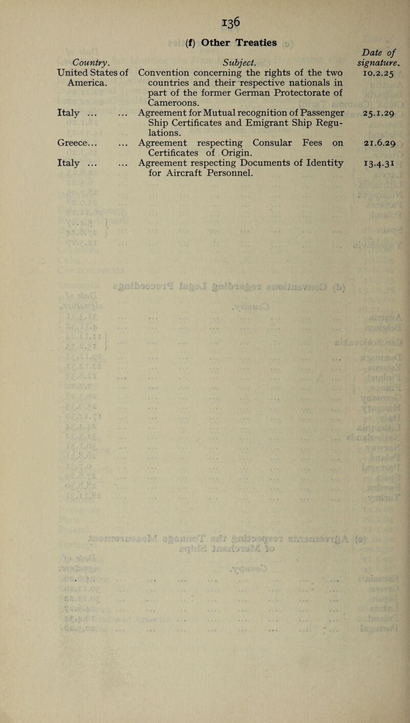 Country. United States of America. Italy ... Greece... 136 (f) Other Treaties Subject. Convention concerning the rights of the two countries and their respective nationals in part of the former German Protectorate of Cameroons. Agreement for Mutual recognition of Passenger Ship Certificates and Emigrant Ship Regu¬ lations. Agreement respecting Consular Fees on Certificates of Origin. for Aircraft Personnel. Date of signature. 10.2.25 25.1.29 21.6.29