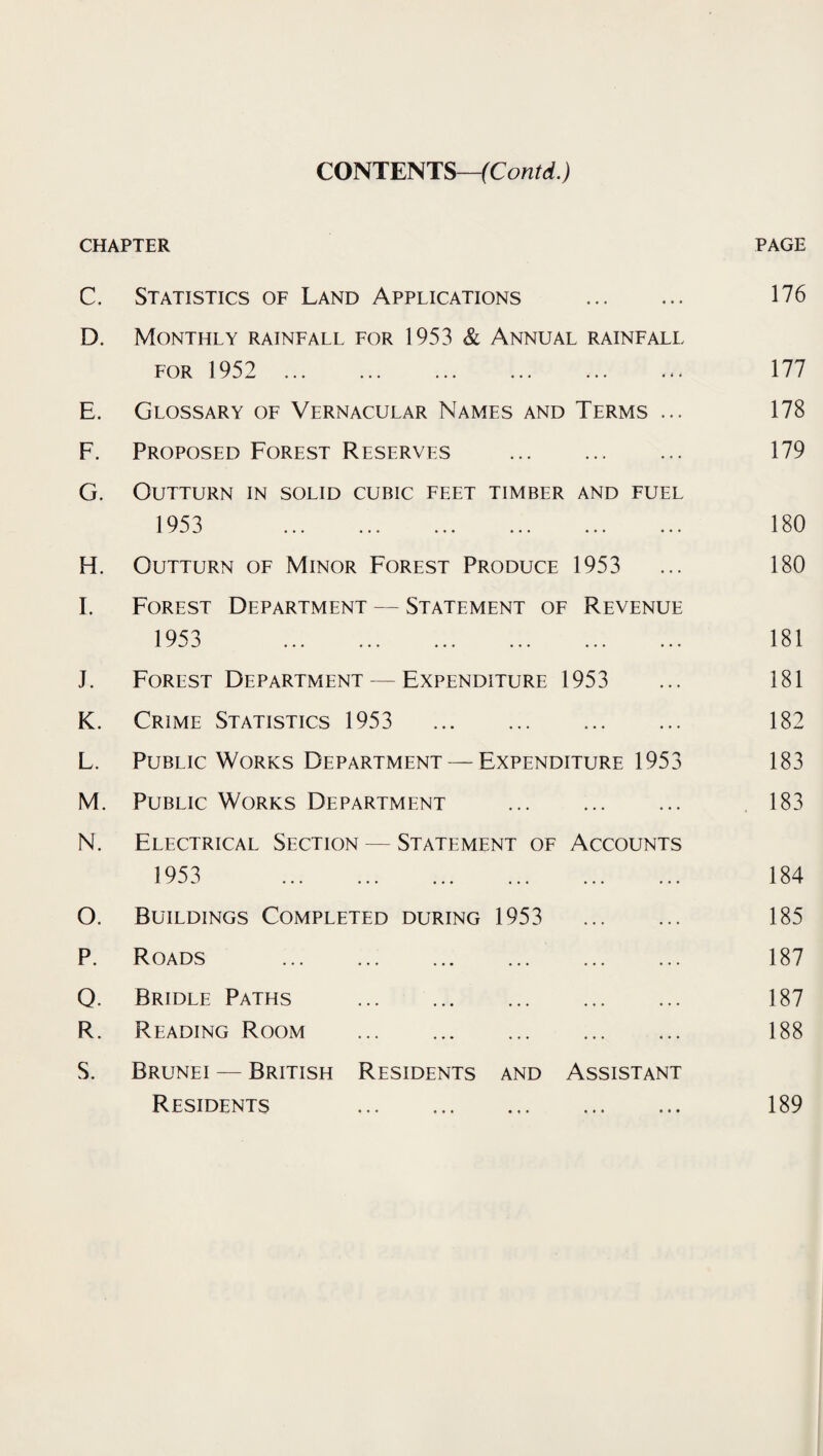 CONTENTS—(Contd.) CHAPTER PAGE C. Statistics of Land Applications . 176 D. Monthly rainfall for 1953 & Annual rainfall for 1952 177 E. Glossary of Vernacular Names and Terms ... 178 F. Proposed Forest Reserves . 179 G. Outturn in solid cubic feet timber and fuel 1953 180 H. Outturn of Minor Forest Produce 1953 ... 180 I. Forest Department — Statement of Revenue 1953 181 J. Forest Department — Expenditure 1953 ... 181 K. Crime Statistics 1953 182 L. Public Works Department — Expenditure 1953 183 M. Public Works Department . 183 N. Electrical Section — Statement of Accounts 1953 184 O. Buildings Completed during 1953 . 185 P. Roads . 187 Q. Bridle Paths . 187 R. Reading Room . 188 S. Brunei — British Residents and Assistant Residents 189