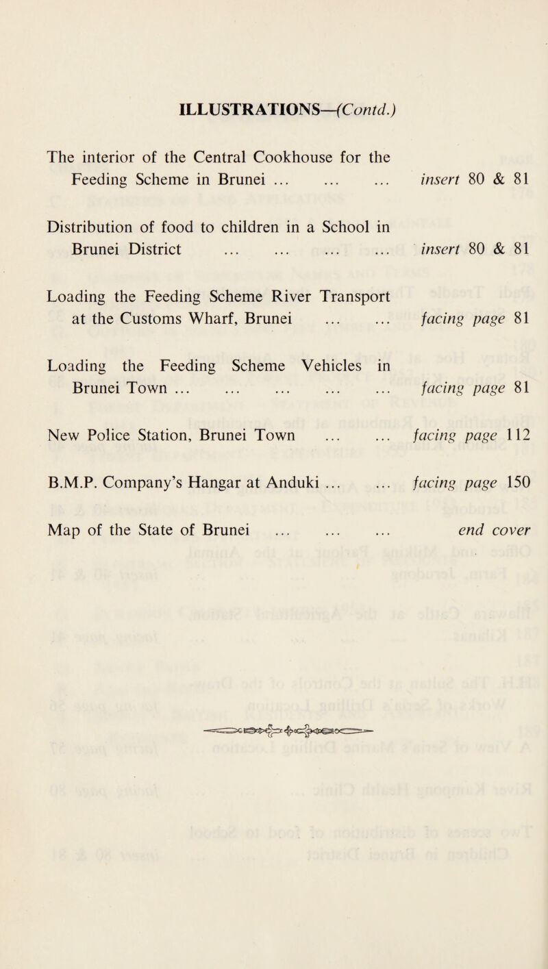 ILLUSTRATIONS—(Contd.) The interior of the Central Cookhouse for the Feeding Scheme in Brunei ... Distribution of food to children in a School in Brunei District . Loading the Feeding Scheme River Transport at the Customs Wharf, Brunei . Loading the Feeding Scheme Vehicles in Brunei Town. New Police Station, Brunei Town . B.M.P. Company’s Hangar at Anduki. insert 80 & 81 insert 80 & 81 facing page 81 facing page 81 facing page 112 facing page 150 Map of the State of Brunei end cover