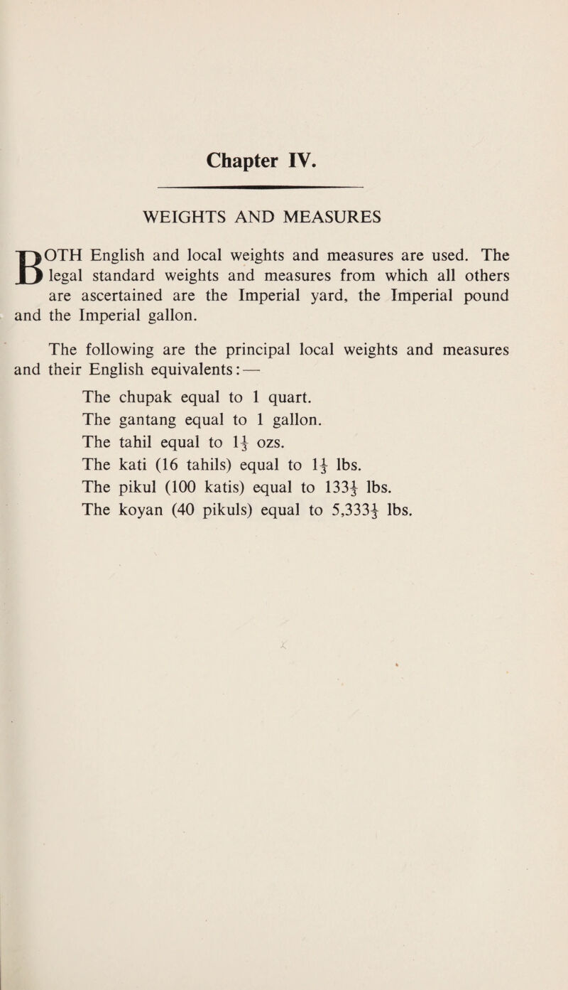 WEIGHTS AND MEASURES BOTH English and local weights and measures are used. The legal standard weights and measures from which all others are ascertained are the Imperial yard, the Imperial pound and the Imperial gallon. The following are the principal local weights and measures and their English equivalents: — The chupak equal to 1 quart. The gantang equal to 1 gallon. The tahil equal to 1J ozs. The kati (16 tahils) equal to 1J lbs. The pikul (100 katis) equal to 133J lbs.