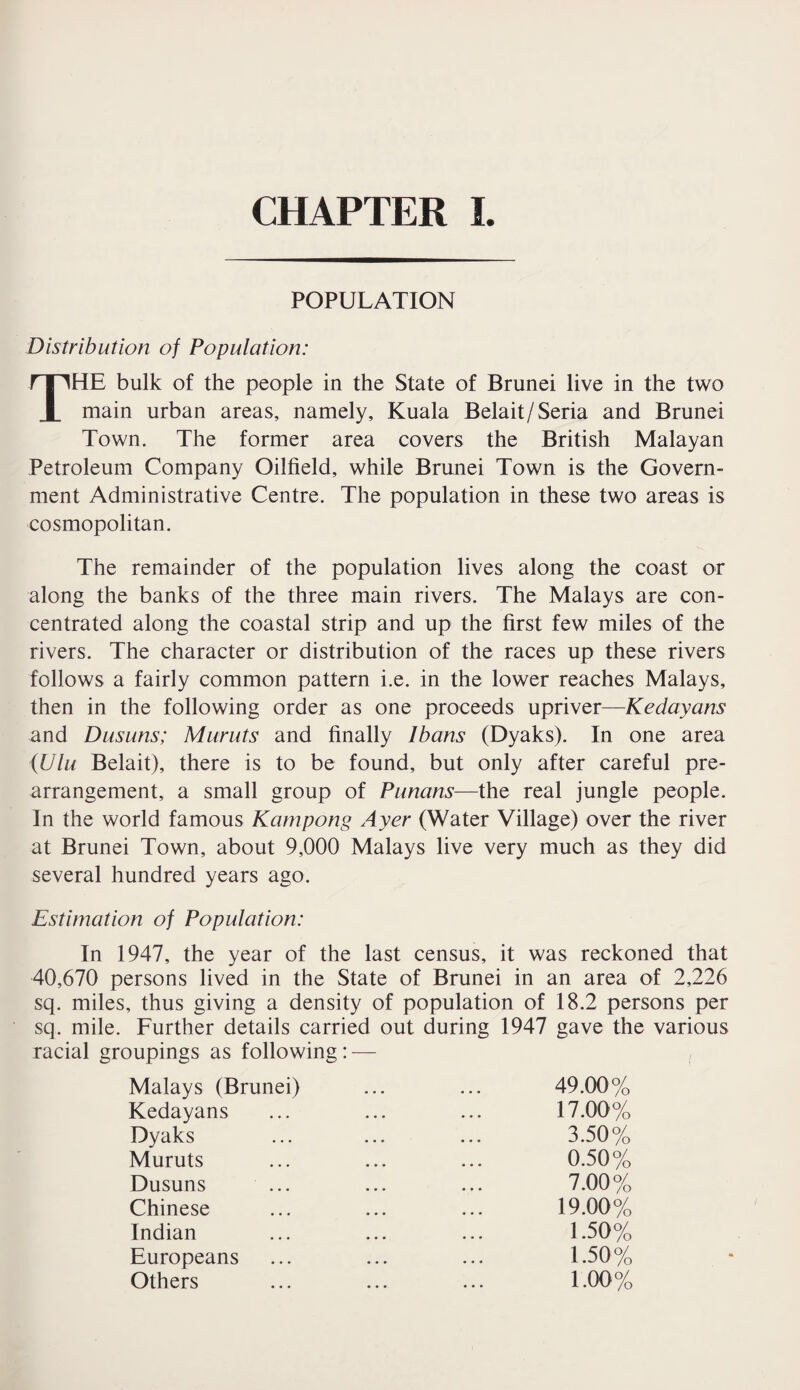 POPULATION Distribution of Population: THE bulk of the people in the State of Brunei live in the two main urban areas, namely, Kuala Belait/Seria and Brunei Town. The former area covers the British Malayan Petroleum Company Oilfield, while Brunei Town is the Govern¬ ment Administrative Centre. The population in these two areas is cosmopolitan. The remainder of the population lives along the coast or along the banks of the three main rivers. The Malays are con¬ centrated along the coastal strip and up the first few miles of the rivers. The character or distribution of the races up these rivers follows a fairly common pattern i.e. in the lower reaches Malays, then in the following order as one proceeds upriver—Kedayans and Dusuns; Muruts and finally lbans (Dyaks). In one area (Ulu Belait), there is to be found, but only after careful pre¬ arrangement, a small group of Punans—the real jungle people. In the world famous Kampong Ayer (Water Village) over the river at Brunei Town, about 9,000 Malays live very much as they did several hundred years ago. Estimation of Population: In 1947, the year of the last census, it was reckoned that 40,670 persons lived in the State of Brunei in an area of 2,226 sq. miles, thus giving a density of population of 18.2 persons per sq. mile. Further details carried out during 1947 gave the various racial groupings as following: — Malays (Brunei) Kedayans Dyaks Muruts Dusuns Chinese Indian Europeans Others 49.00% 17.00% 3.50% 0.50% 7.00% 19.00% 1.50% 1.50% 1.00%