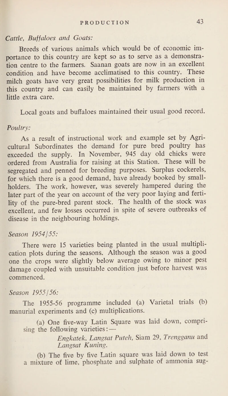 Cattle, Buffaloes and Goats: Breeds of various animals which would be of economic im¬ portance to this country are kept so as to serve as a demonstra¬ tion centre to the farmers, Saanan goats are now in an excellent condition and have become acclimatised to this country. These milch goats have very great possibilities for milk production in this country and can easily be maintained by farmers with a little extra care. Local goats and buffaloes maintained their usual good record. Poultry: As a result of instructional work and example set by Agri¬ cultural Subordinates the demand for pure bred poultry has exceeded the supply. In November, 945 day old chicks were ordered from Australia for raising at this Station. These will be segregated and penned for breeding purposes. Surplus cockerels, for which there is a good demand, have already booked by small¬ holders. The work, however, was severely hampered during the later part of the year on account of the very poor laying and ferti¬ lity of the pure-bred parent stock. The health of the stock was excellent, and few losses occurred in spite of severe outbreaks of disease in the neighbouring holdings. Season 1954/55: There were 15 varieties being planted in the usual multipli¬ cation plots during the seasons. Although the season was a good one the crops were slightly below average owing to minor pest damage coupled with unsuitable condition just before harvest was commenced. Season 1955/56: The 1955-56 programme included (a) Varietal trials (b) manuria! experiments and (c) multiplications. (a) One five-way Latin Square was laid down, compri¬ sing the following varieties: — Engkatek, Langsat Puteh, Siam 29, Trengganu and Langsat Kuning. (b) The five by five Latin square was laid down to test a mixture of lime, phosphate and sulphate of ammonia sug-