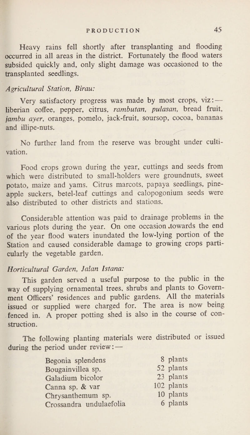 Heavy raios fell shortly after transplanting and flooding occurred in all areas in the district. Fortunately the flood waters subsided quickly and, only slight damage was occasioned to the transplanted seedlings. Agricultural Station, Birau: Very satisfactory progress was made by most crops, viz: — liberian coffee, pepper, citrus, rambutan, pulasan, bread fruit, jambu ayer, oranges, pomelo, jack-fruit, soursop, cocoa, bananas and illipe-nuts. No further land from the reserve was brought under culti¬ vation. Food crops grown during the year, cuttings and seeds from which were distributed to small-holders were groundnuts, sweet potato, maize and yams. Citrus marcots, papaya seedlings, pine¬ apple suckers, betel-leaf cuttings and calopogonium seeds were also distributed to other districts and stations. Considerable attention was paid to drainage problems in the various plots during the year. On one occasion .towards the end of the year flood waters inundated the low-lying portion of the Station and caused considerable damage to growing crops parti¬ cularly the vegetable garden. Horticultural Garden, Jalan Istana: This garden served a useful purpose to the public in the way of supplying ornamental trees, shrubs and plants to Govern¬ ment Officers5 residences and public gardens. All the materials issued or supplied were charged for. The area is now being fenced in. A proper potting shed is also in the course of con¬ struction. The following planting materials were distributed or issued during the period under review: — Begonia splendens Bougainvillea sp. Galadium bicolor Canna sp. & var 8 plants 52 plants 23 plants 102 plants Chrysanthemum sp. Crossandra undulaefolia 10 plants 6 plants