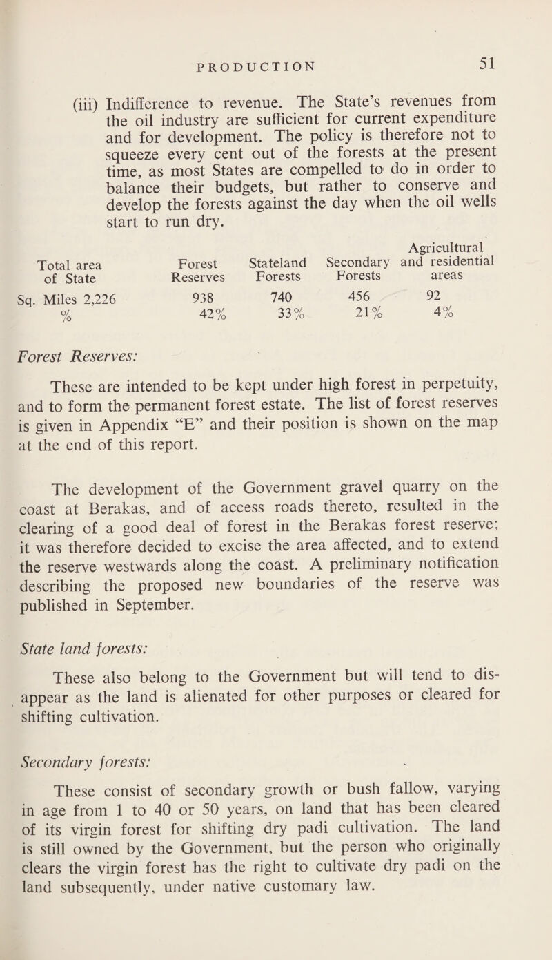 (iii) Indifference to revenue. The State’s revenues from the oil industry are sufficient for current expenditure and for development. The policy is therefore not to squeeze every cent out of the forests at the present time, as most States are compelled to do in order to balance their budgets, but rather to conserve and develop the forests against the day when the oil wells start to run dry. Total area Forest Stateland Secondary Agricultural and residential of State Reserves Forests Forests areas Sq. Miles 2,226 938 740 456 92 /o 42% 33% 21% 4% Forest Reserves: These are intended to be kept under high forest in perpetuity, and to form the permanent forest estate. The list of forest reserves is given in Appendix “E” and their position is shown on the map at the end of this report. The development of the Government gravel quarry on the coast at Berakas, and of access roads thereto, resulted in the clearing of a good deal of forest in the Berakas forest reserve; it was therefore decided to excise the area affected, and to extend the reserve westwards along the coast. A preliminary notification describing the proposed new boundaries of the reserve was published in September. State land forests: These also belong to the Government but will tend to dis¬ appear as the land is alienated for other purposes or cleared for shifting cultivation. Secondary forests: These consist of secondary growth or bush fallow, varying in age from 1 to 40 or 50 years, on land that has been cleared of its virgin forest for shifting dry padi cultivation. The land is still owned by the Government, but the person who originally clears the virgin forest has the right to cultivate dry padi on the land subsequently, under native customary law.