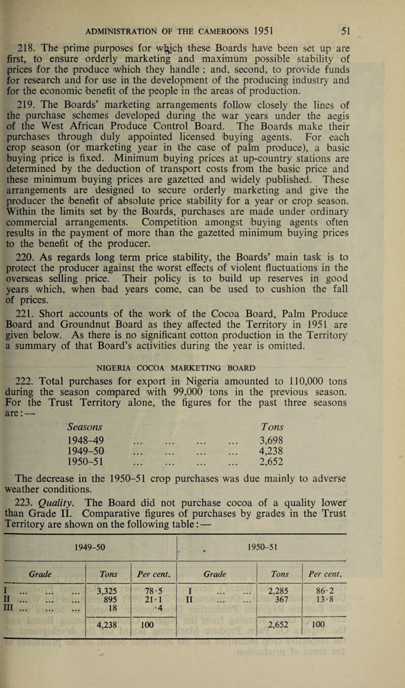218. The prime purposes for wl^ich these Boards have been set up are first, to ensure orderly marketing and maximum possible stability of prices for the produce which they handle ; and, second, to provide funds for research and for use in the development of the producing industry and for the economic benefit of the people in the areas of production. 219. The Boards’ marketing arrangements follow closely the lines of the purchase schemes developed during the war years under the aegis of the West African Produce Control Board. The Boards make their purchases through duly appointed licensed buying agents. For each crop season (or marketing year in the case of palm produce), a basic buying price is fixed. Minimum buying prices at up-country stations are determined by the deduction of transport costs from the basic price and these minimum buying prices are gazetted and widely published. These arrangements are designed to secure orderly marketing and give the producer the benefit of absolute price stability for a year or crop season. Within the limits set by the Boards, purchases are made under ordinary commercial arrangements. Competition amongst buying agents often results in the payment of more than the gazetted minimum buying prices to the benefit of the producer. 220. As regards long term price stability, the Boards’ main task is to protect the producer against the worst effects of violent fluctuations in the overseas selling price. Their policy is to build up reserves in good years which, when bad years come, can be used to cushion the fall of prices. 221. Short accounts of the work of the Cocoa Board, Palm Produce Board and Groundnut Board as they affected the Territory in 1951 are given below. As there is no significant cotton production in the Territory a summary of that Board’s activities during the year is omitted. NIGERIA COCOA MARKETING BOARD 222. Total purchases for export in Nigeria amounted to 110,000 tons during the season compared with 99,000 tons in the previous season. For the Trust Territory alone, the figures for the past three seasons are: — Seasons Tons 1948- 49 3,698 1949- 50 4.238 1950- 51 2,652 The decrease in the 1950-51 crop purchases was due mainly to adverse weather conditions. 223. Quality. The Board did not purchase cocoa of a quality lower than Grade II. Comparative figures of purchases by grades in the Trust Territory are shown on the following table: — 1949-50 1950-51 * • Grade Tons Per cent. Grade Tons Per cent. ^ ••• ••• ••• II ••• ••• ••• m 3,325 895 18 78-5 21 -1 •4 ^1 . 2,285 367 86-2 13-8 4,238 100 2,652 100